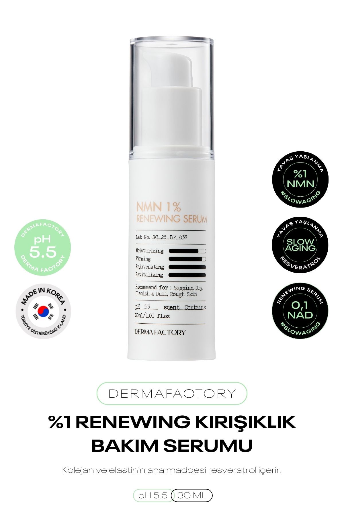 DERMA FACTORY Resveratrol, NMN ve NAD içeren Kırışıklık Bakım Serumu Derma Factory Renewing Serum