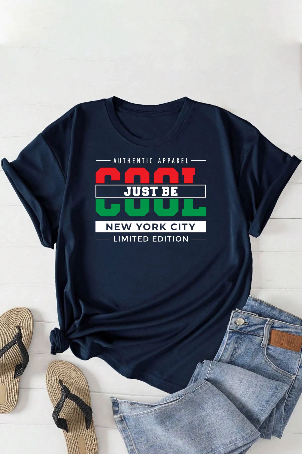 halowear Unisex Cool Just Be Baskılı Rahat Kesim Lacivert T-Shirt