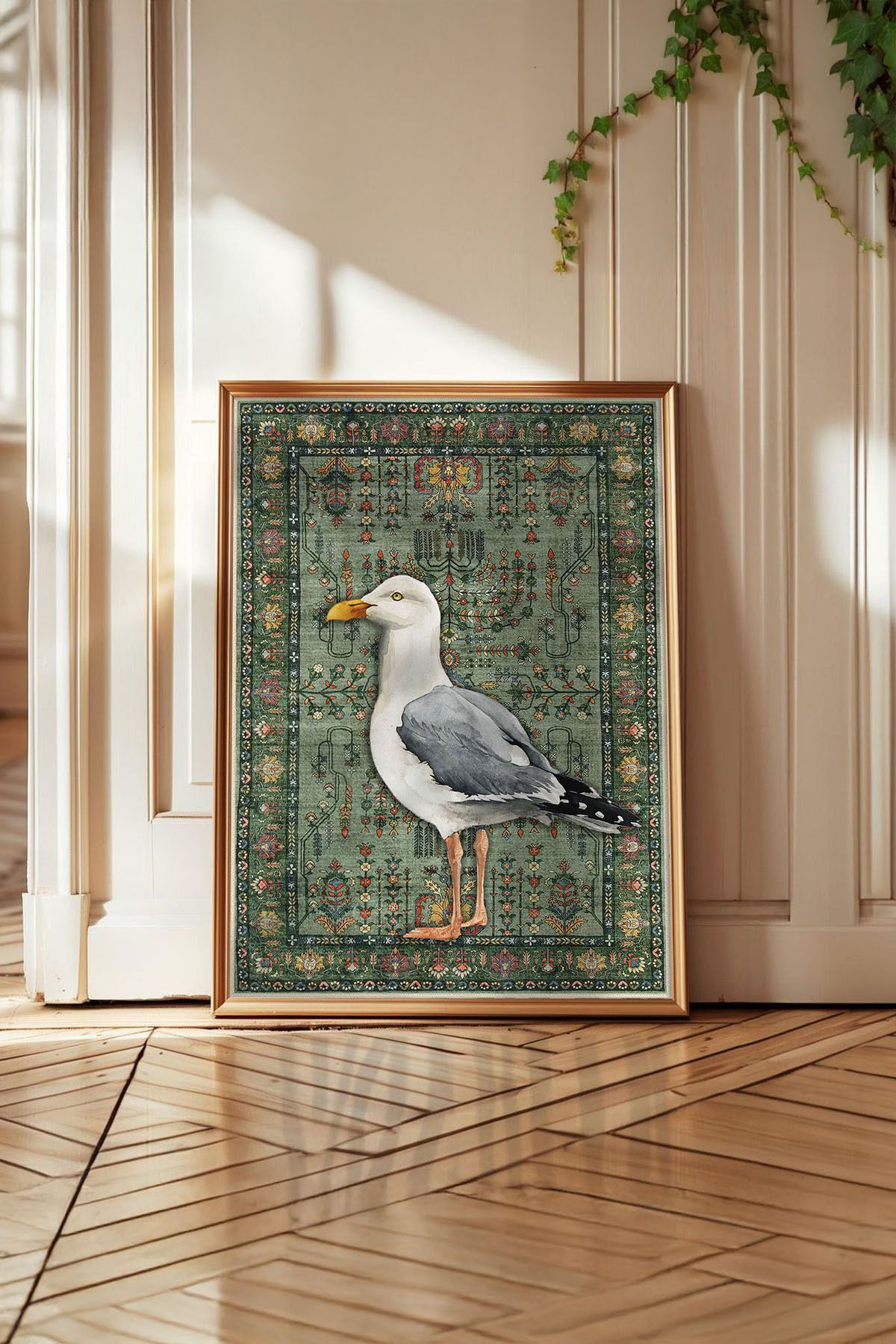 Huca İran Halısı ve Martı - Halı Poster - Üzerine Resim Yapılmış Halı - Modern Sanat - Vintage - Boho