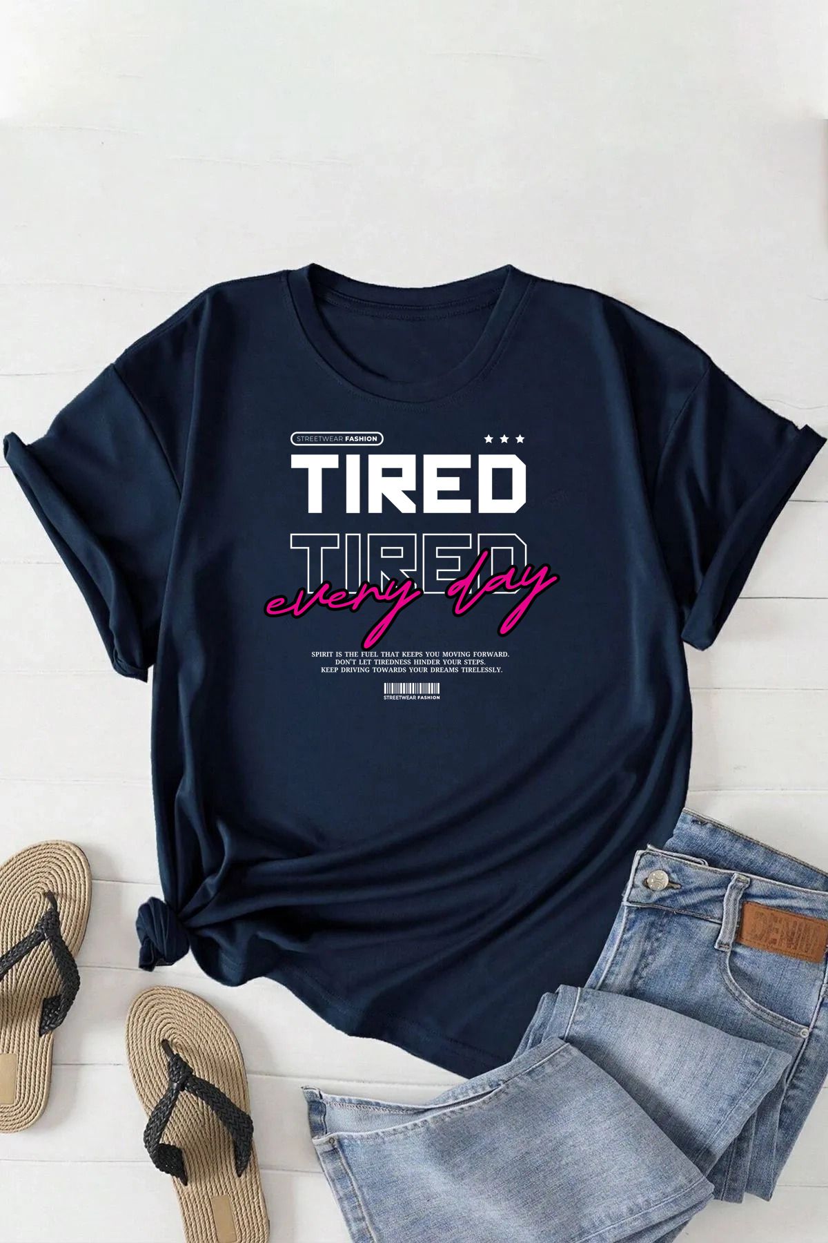 qavnas Unisex Tired Baskılı Rahat Kesim Lacivert T-Shirt