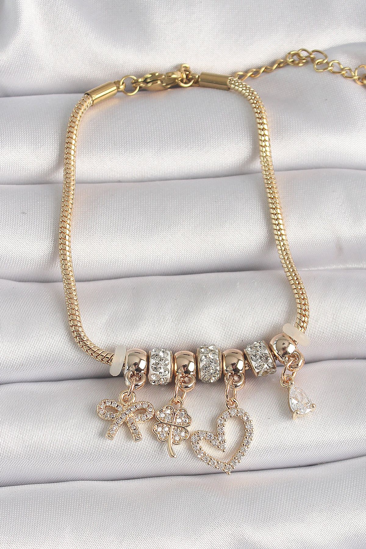 ShopZum 316L Çelik Gold Renk Zincir Sallantı Zirkon Taşlı Kalp Figür Yonca Detay Kadın Bileklik