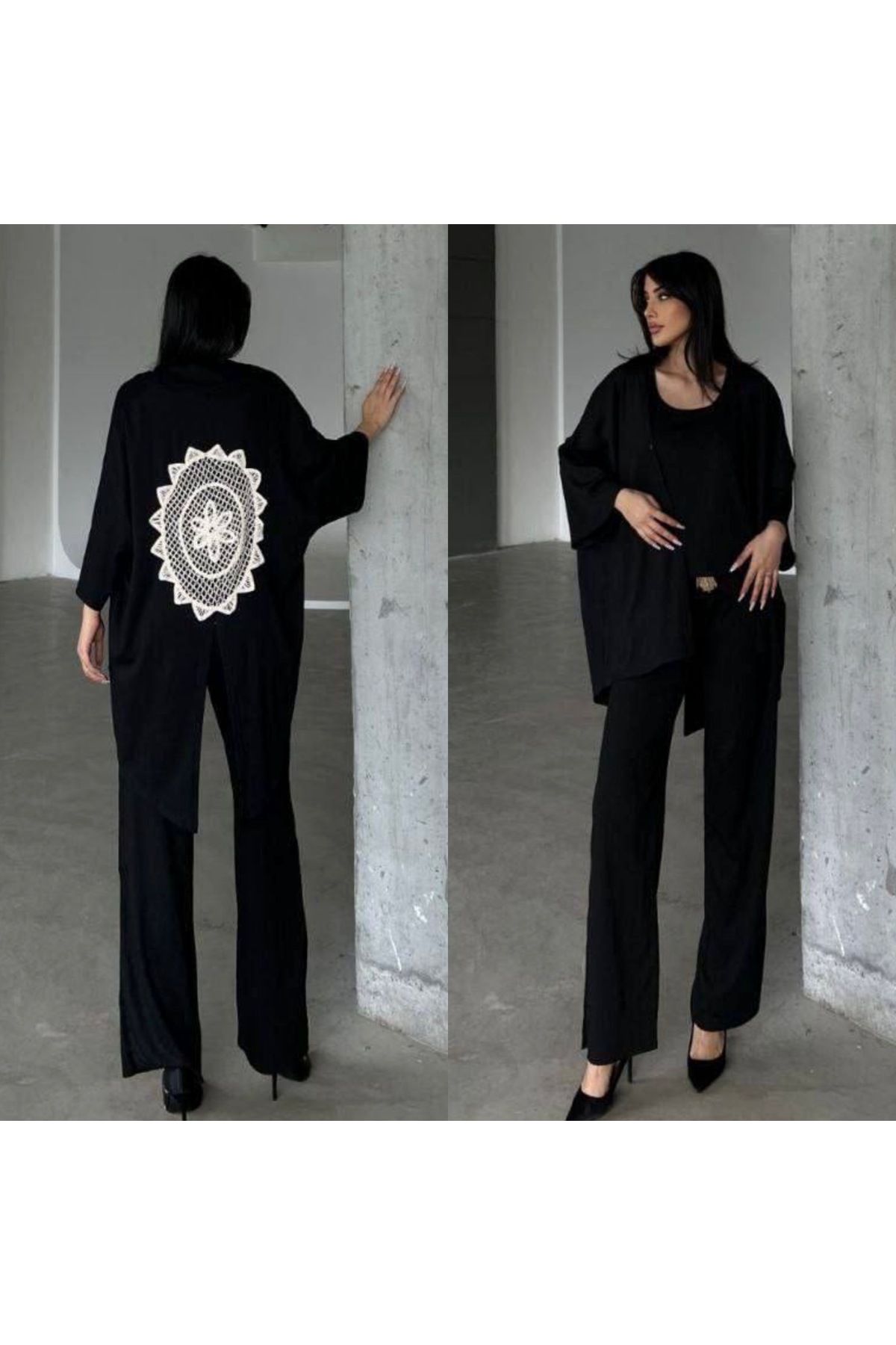 disponible Siyah Pantolonlu Uzun Yelekli Bluzlu Kadın Desenli Üçlü Takım