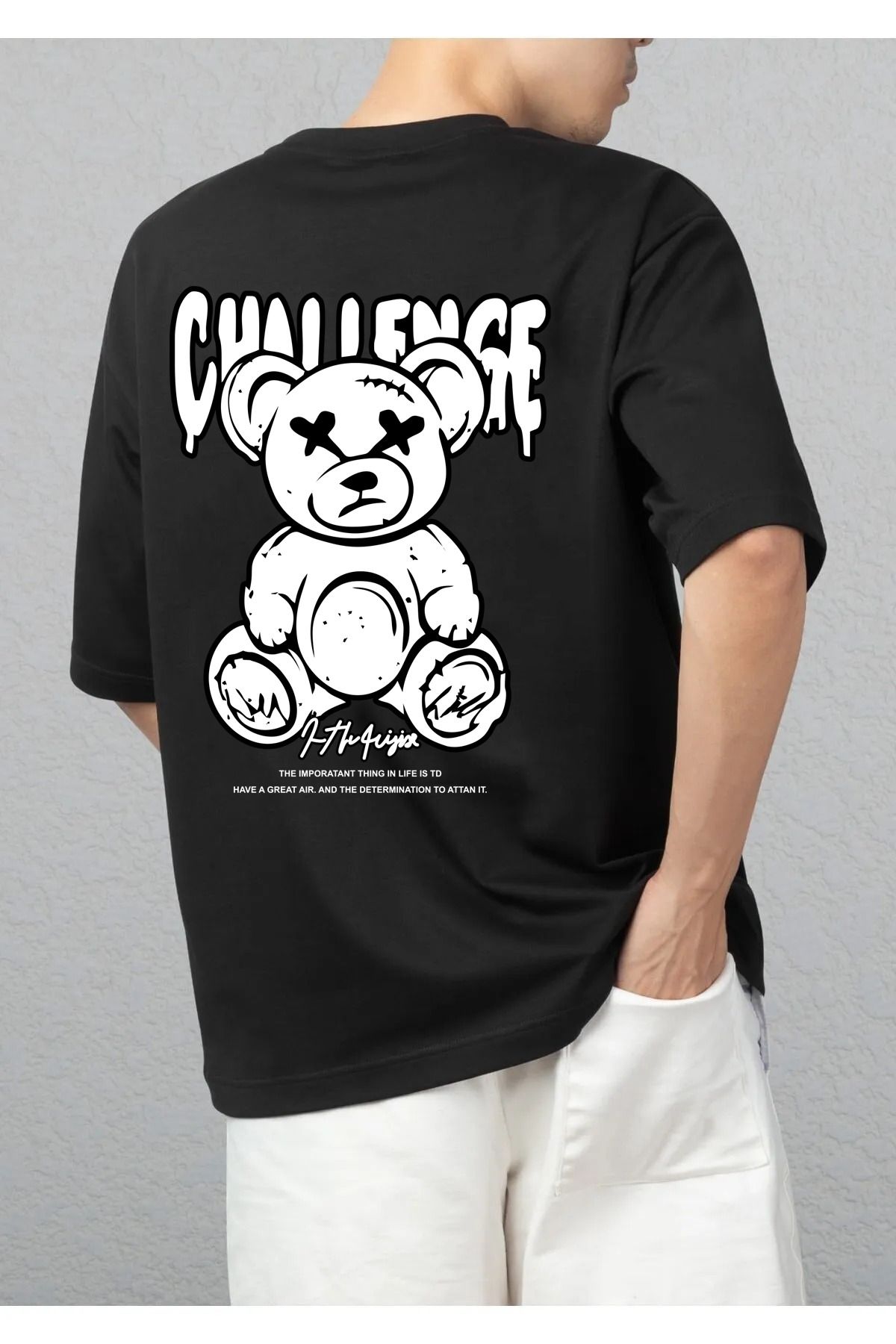 qavnas Unisex Challenge Bear Baskılı Rahat Kesim Siyah T-Shirt