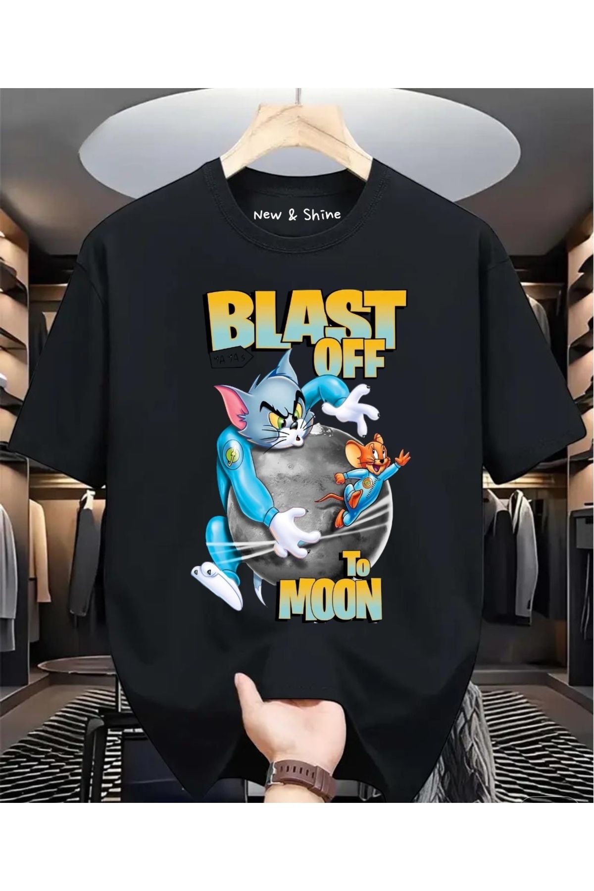 New Shine Blast Off To Moon Tom ve Jerry Baskılı Büyük Beden Oversize T-Shirt