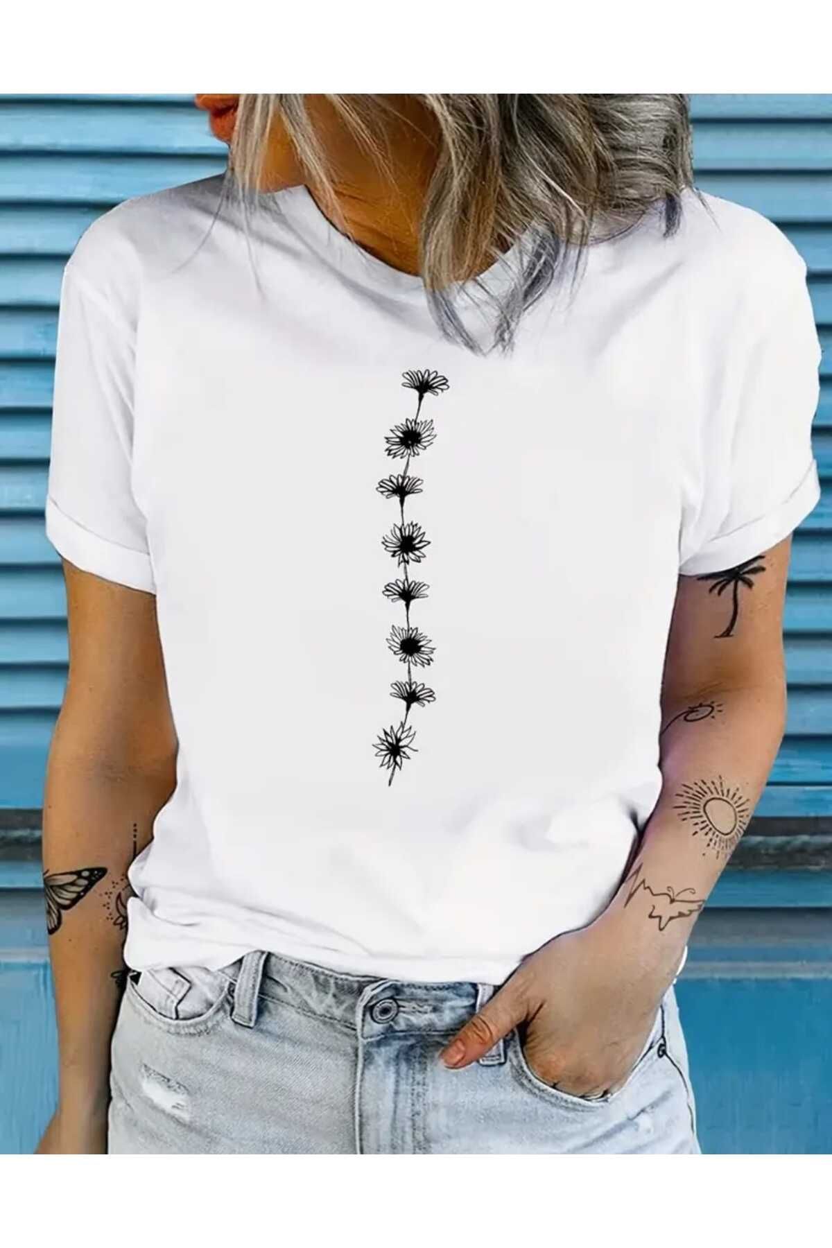 TekTarzz Unisex Çiçek Baskılı Tasarım Tshirt