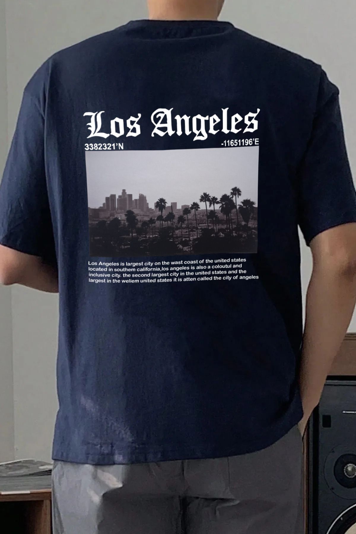 memowear Unisex Los Angeles Baskılı Rahat Kesim Lacivert T-Shirt