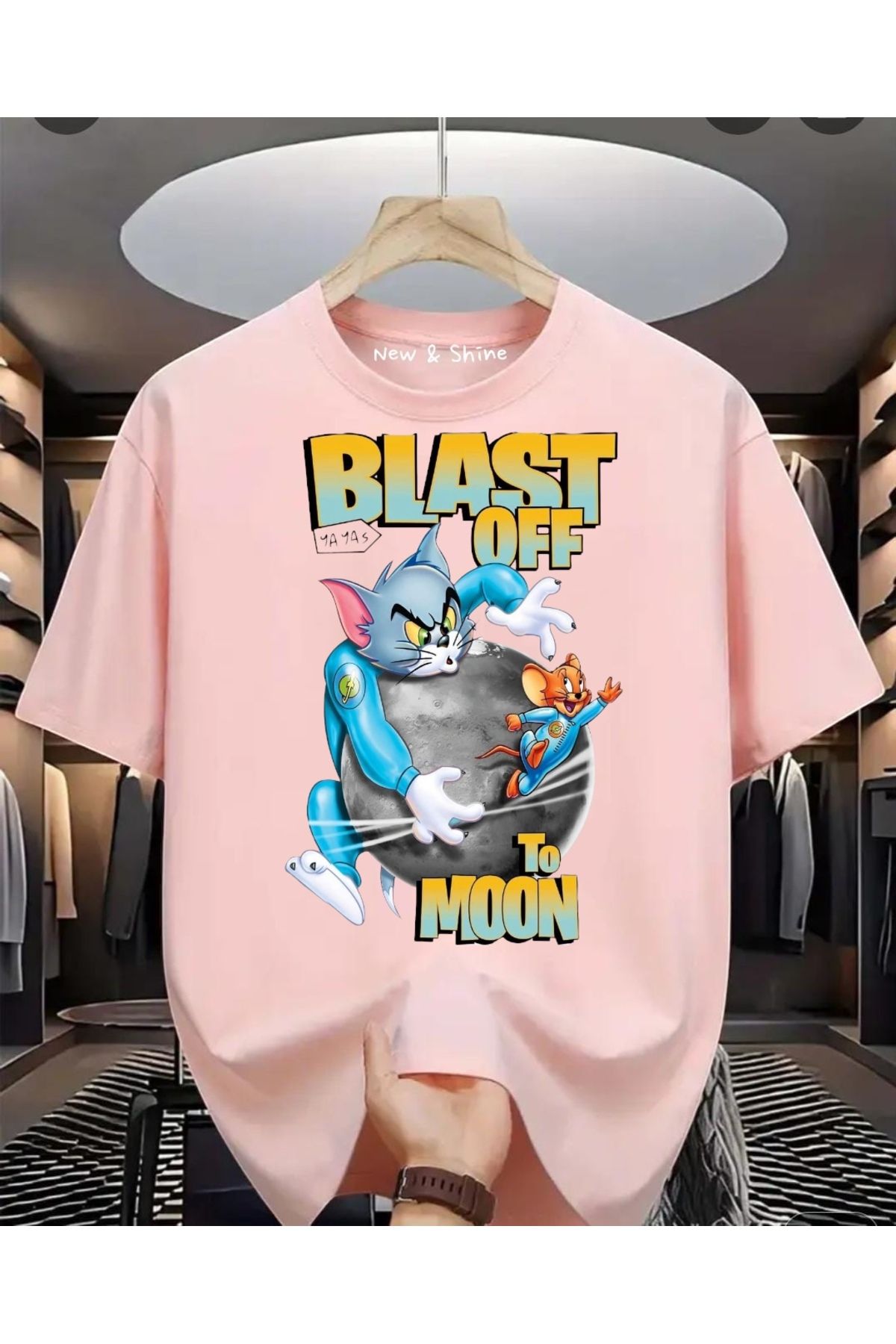 New Shine Blast Off To Moon Tom ve Jerry Baskılı Oversize T-Shirt