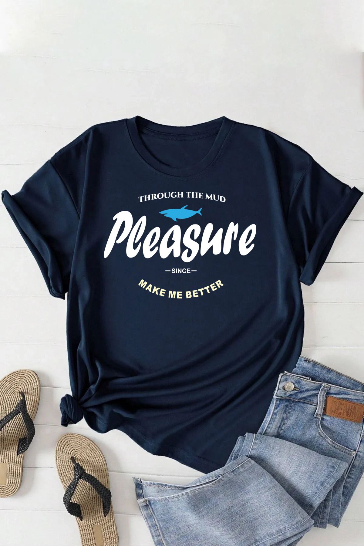 memowear Unisex Pleasure Baskılı Rahat Kesim Lacivert T-Shirt