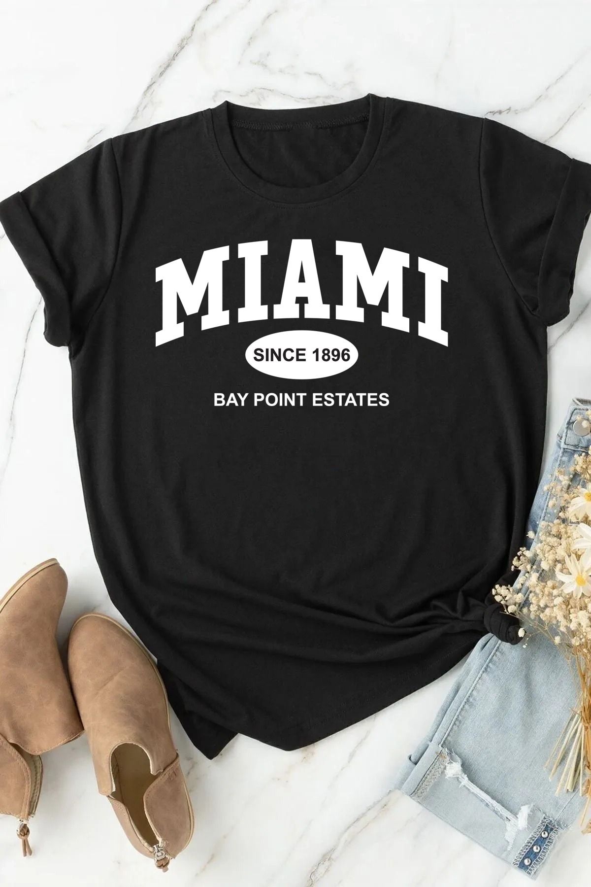 memowear Unisex Miami Baskılı Rahat Kesim Siyah T-Shirt