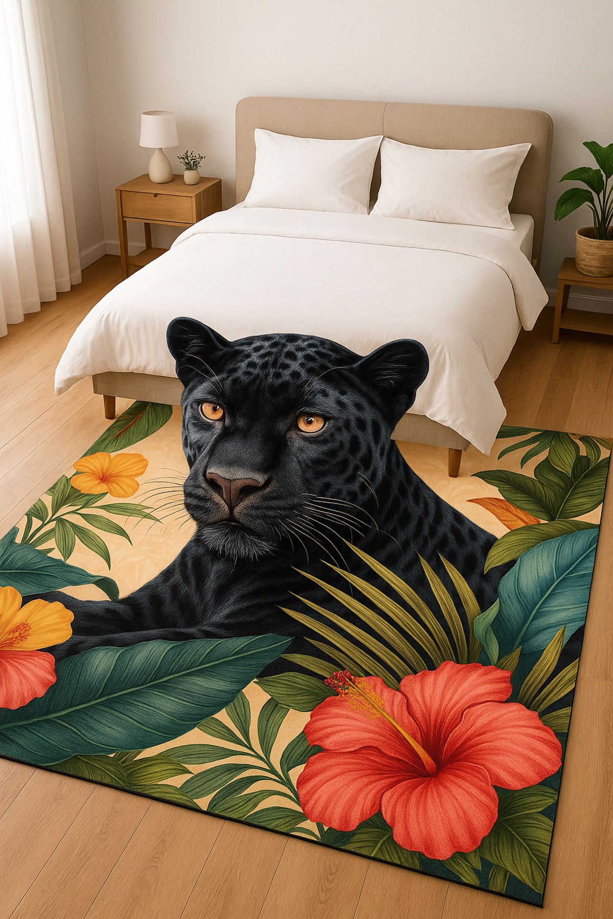 new colourse Leopar Desenli Dijital Baskılı Kaymaz Altı Pamuk Tabanlı Halı.