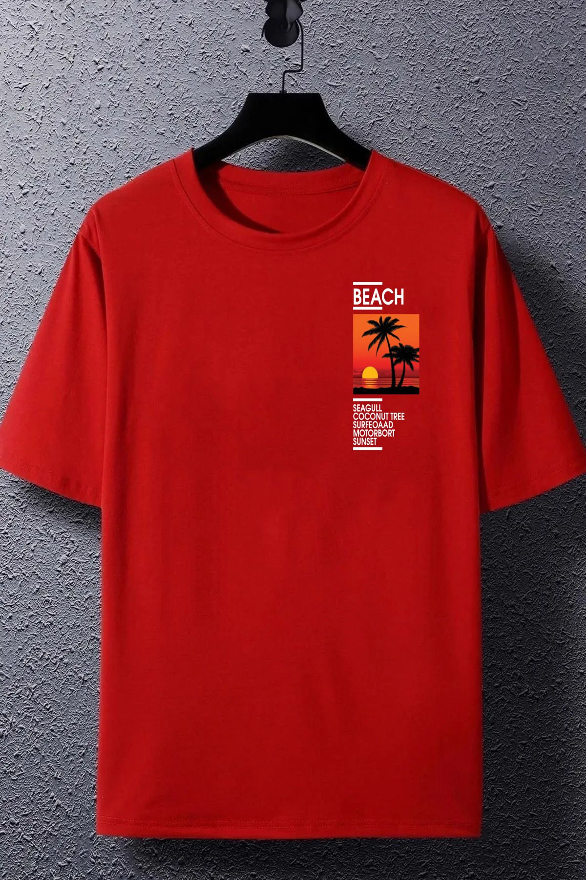 yueswear Unisex Beach Gün Batımı Baskılı Rahat Kesim Kırmızı T-Shirt