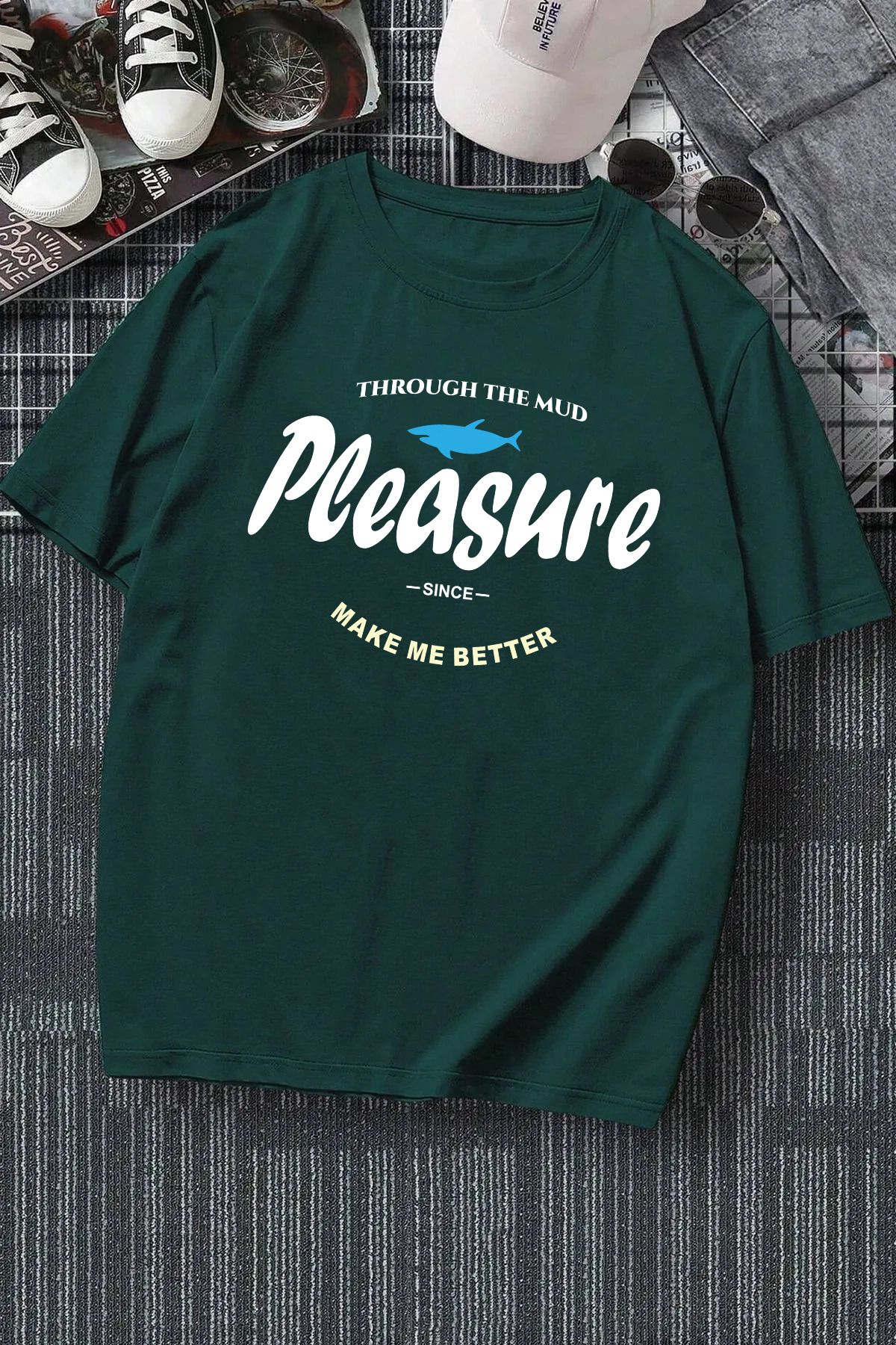 qavnas Unisex Pleasure Baskılı Rahat Kesim Yeşil T-Shirt