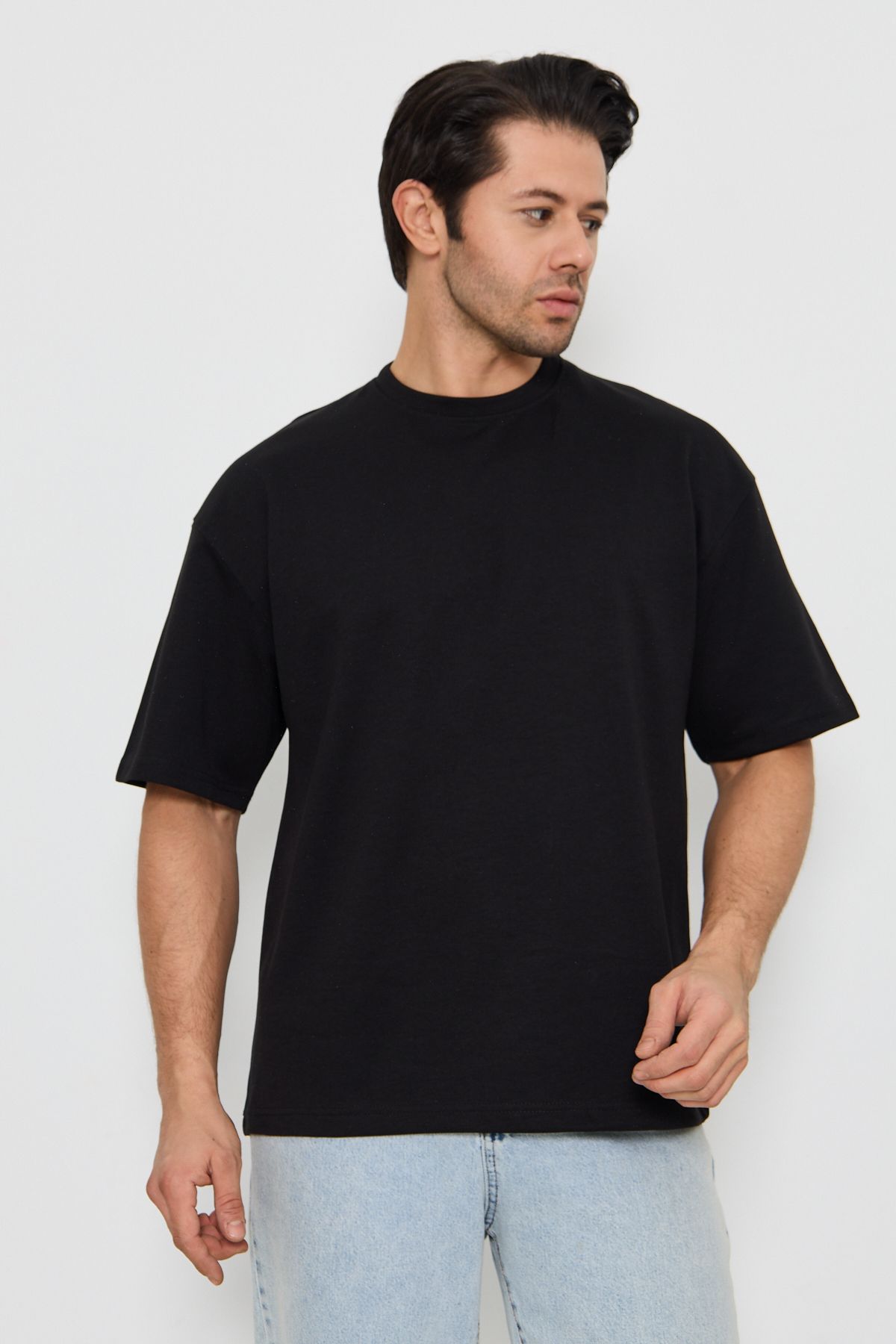 ZİNOX Erkek Bisiklet Yakka Oversize 2 İp Düz Basic T-shirt