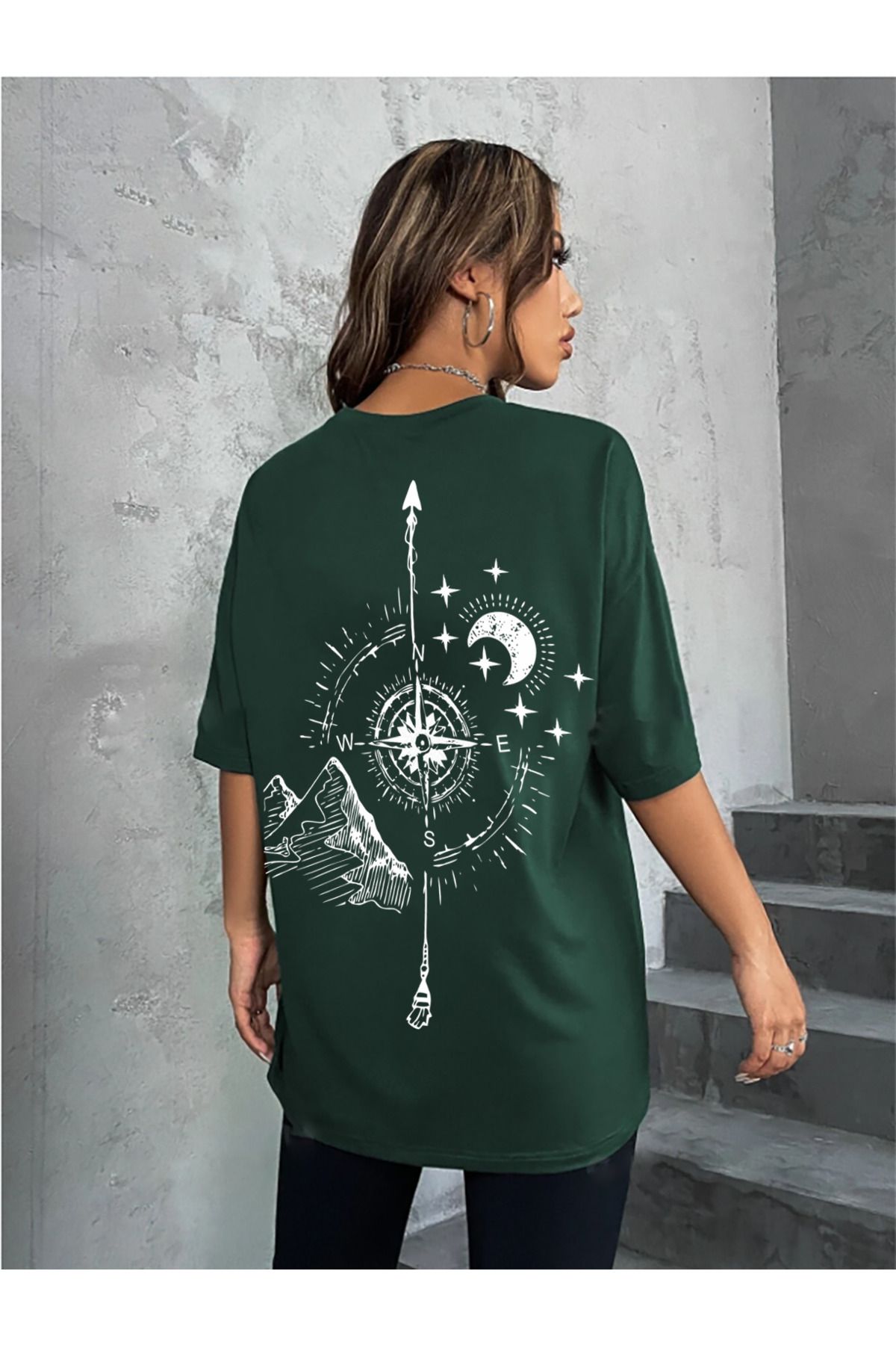 qavnas Unisex Pusula detay Baskılı Rahat Kesim Yeşil T-Shirt