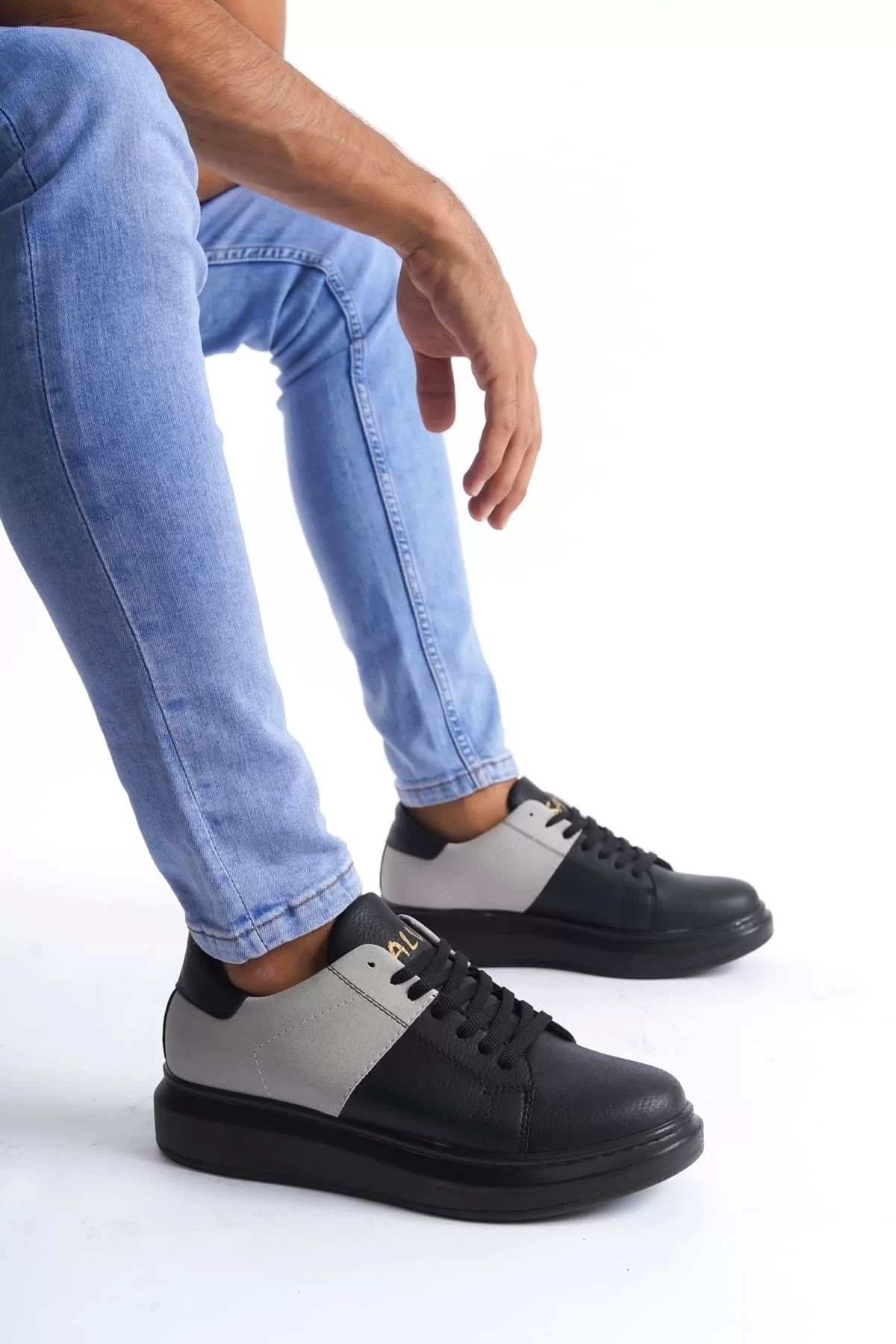 BİCANS SLW151 Boost Bağcıklı Cilt Süet Erkek Günlük Sneaker Ayakkabı CSST - Siyah/Gri