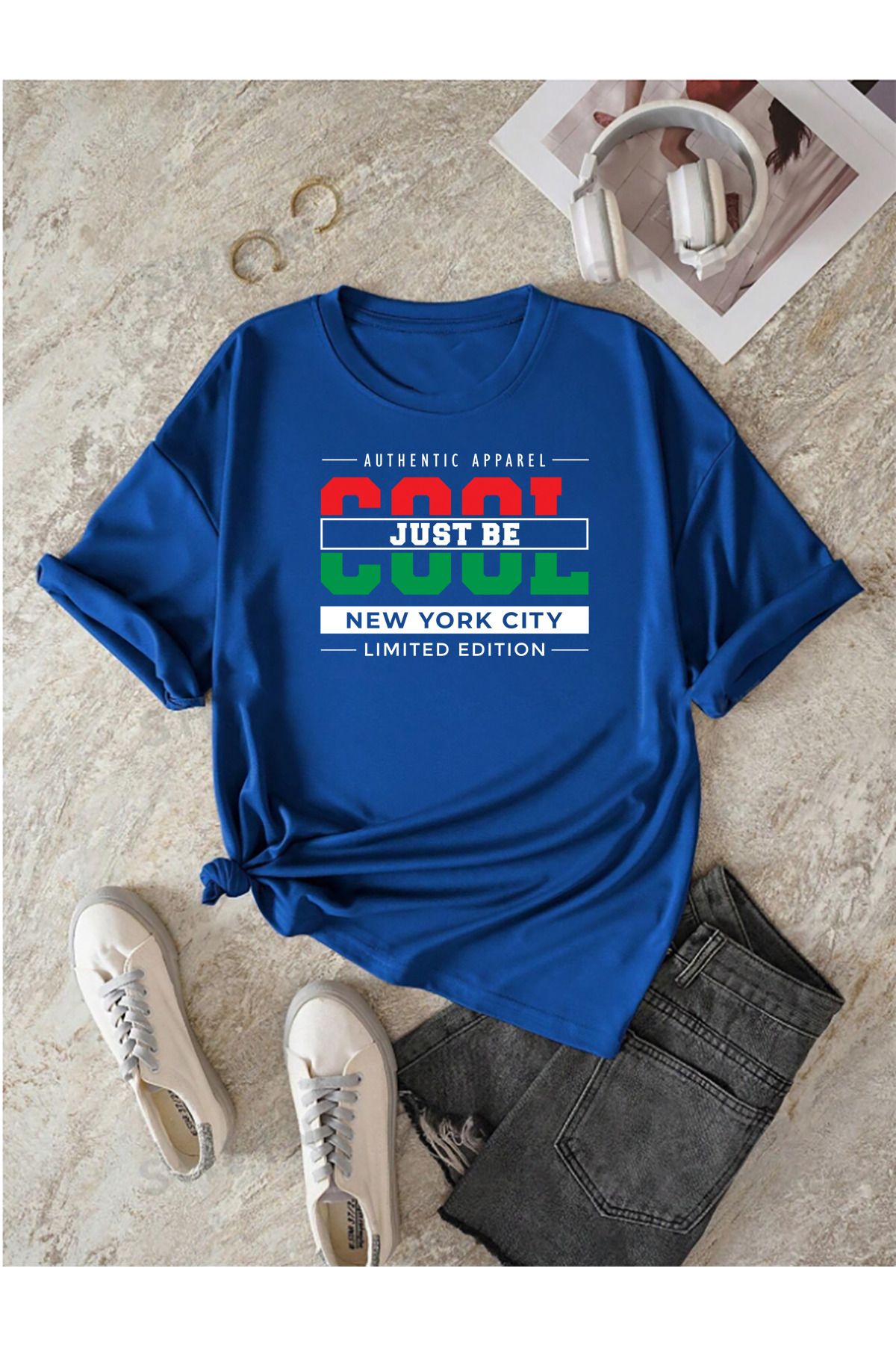 halowear Unisex Cool Just Be Baskılı Rahat Kesim Sax-Mavi T-Shirt