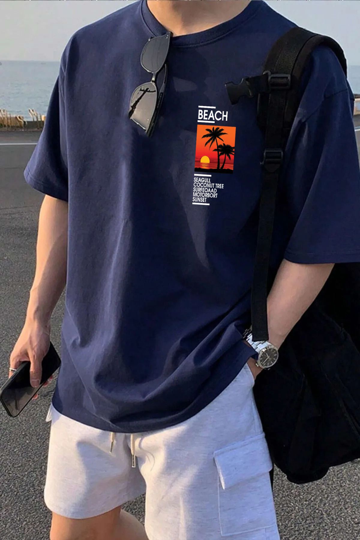 halowear Unisex Beach Gün Batımı Baskılı Rahat Kesim Lacivert T-Shirt