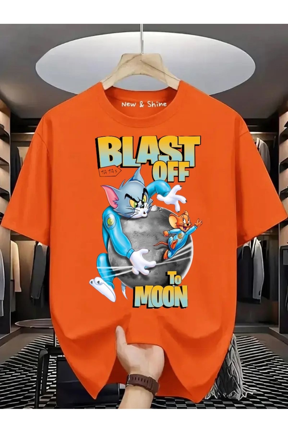 New Shine Blast Off To Moon Tom ve Jerry Baskılı Büyük Beden Oversize T-Shirt