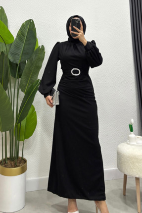 Tarzım Tuba Scuba Seçil Detaylı Tesettür Siyah Elbise