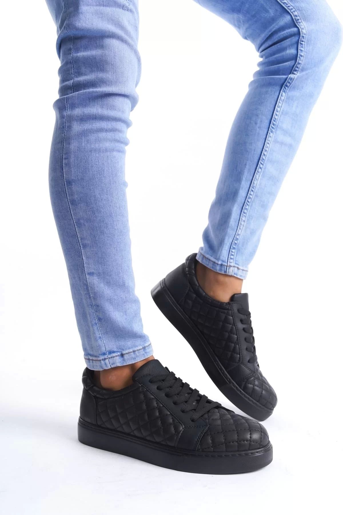 BİCANS SLW166 Prestige Bağcıklı Cilt Kapitone Desenli Erkek Günlük Sneaker Ayakkabı CST - Siyah