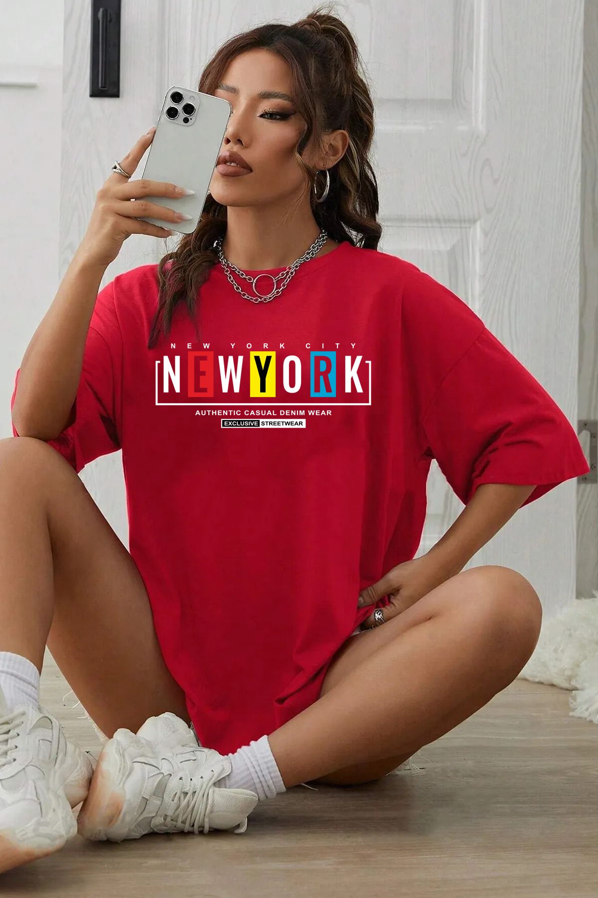 memowear Unisex Newyork Baskılı Rahat Kesim Kırmızı T-Shirt