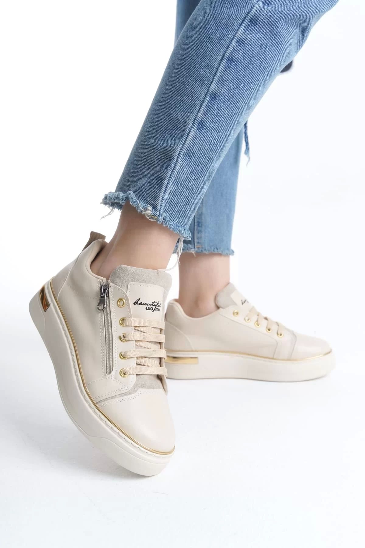 BİCANS DINA Bağcıklı Fermuarlı Ortopedik Taban Kadın Sneaker Spor Ayakkabı KT - Krem/Altın