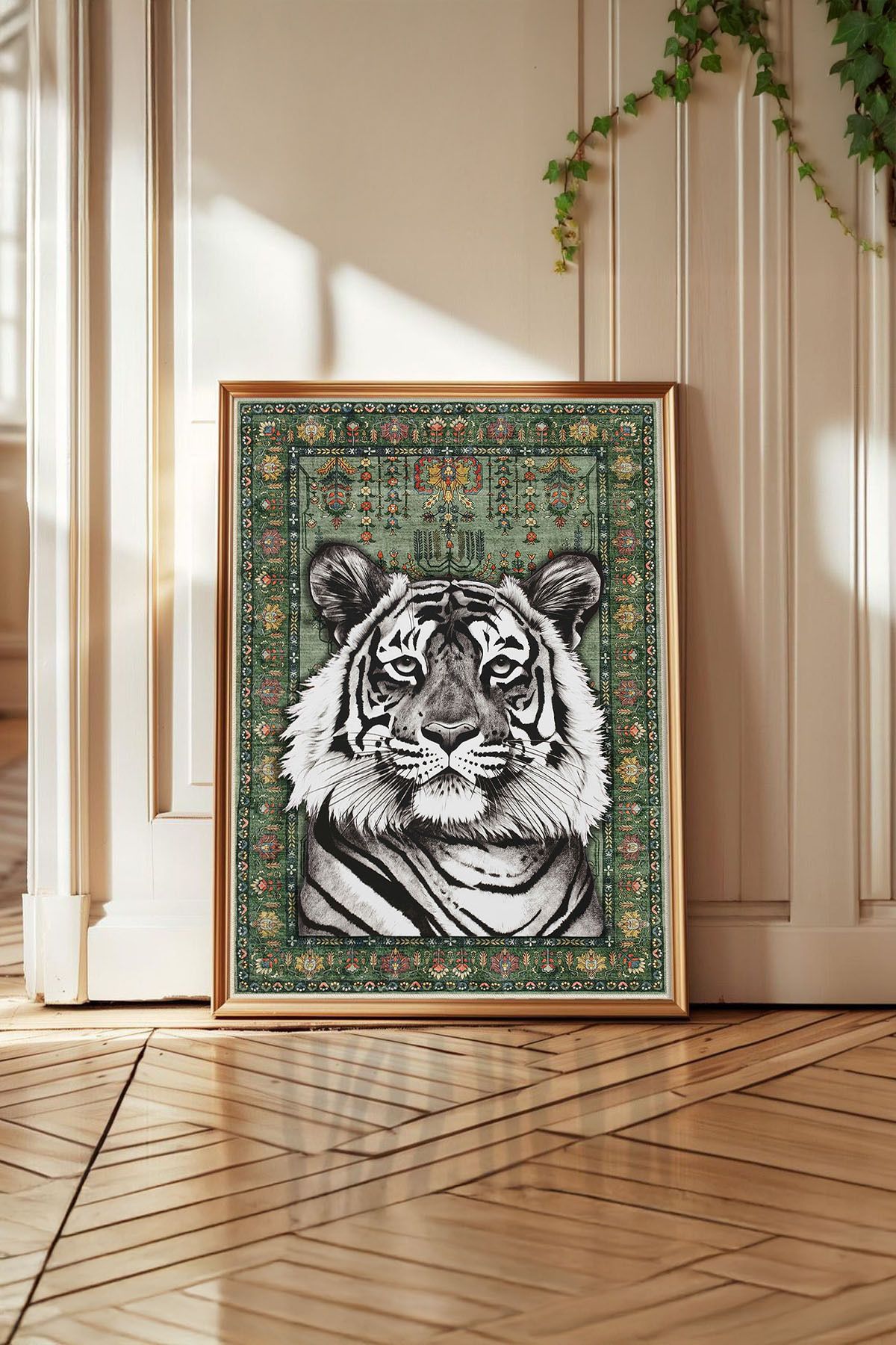 Huca İran Halısı ve Kaplan - Halı Poster - Üzerine Resim Yapılmış Halı - Modern Sanat - Vintage - Boho