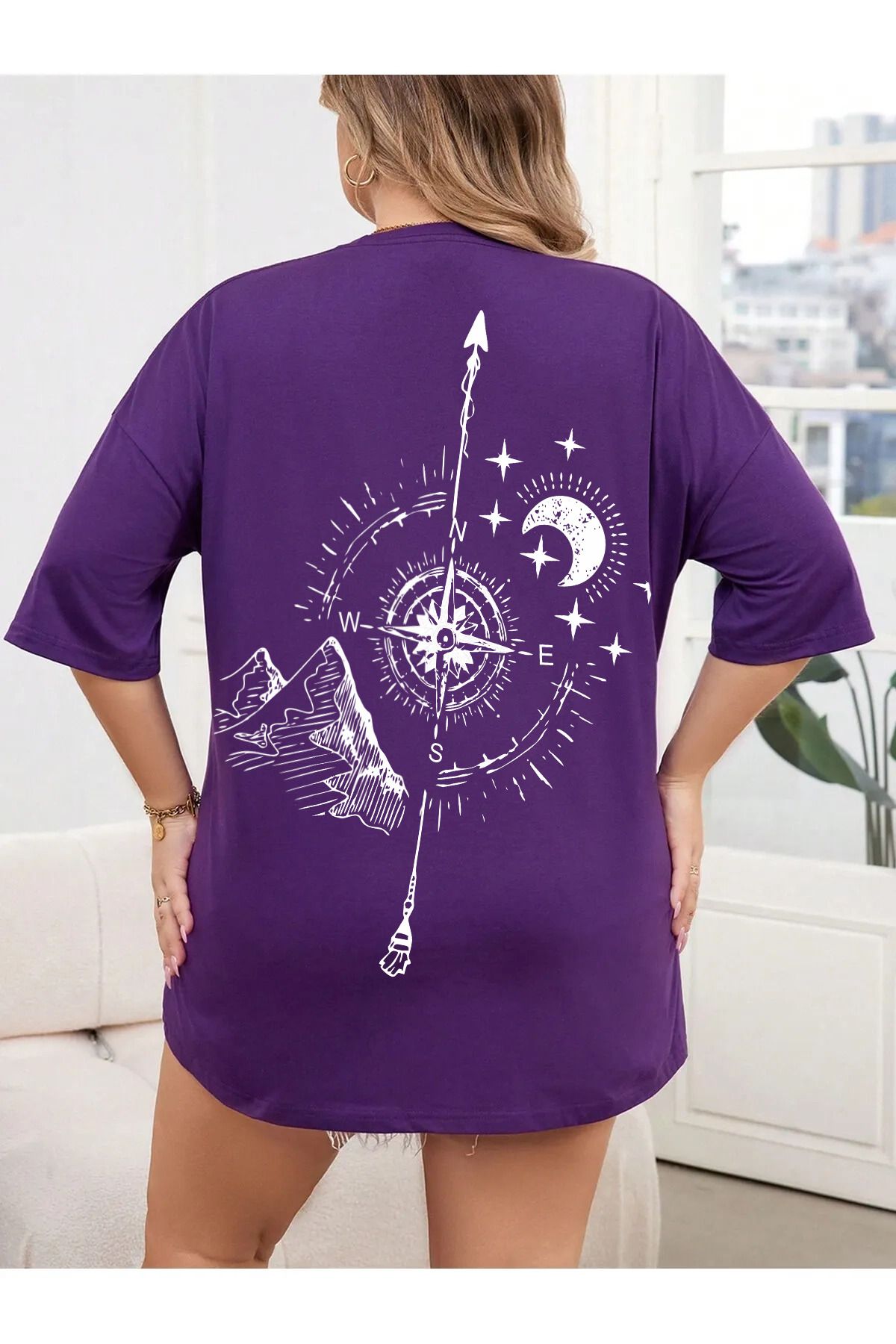 qavnas Unisex Pusula detay Baskılı Rahat Kesim Mor T-Shirt