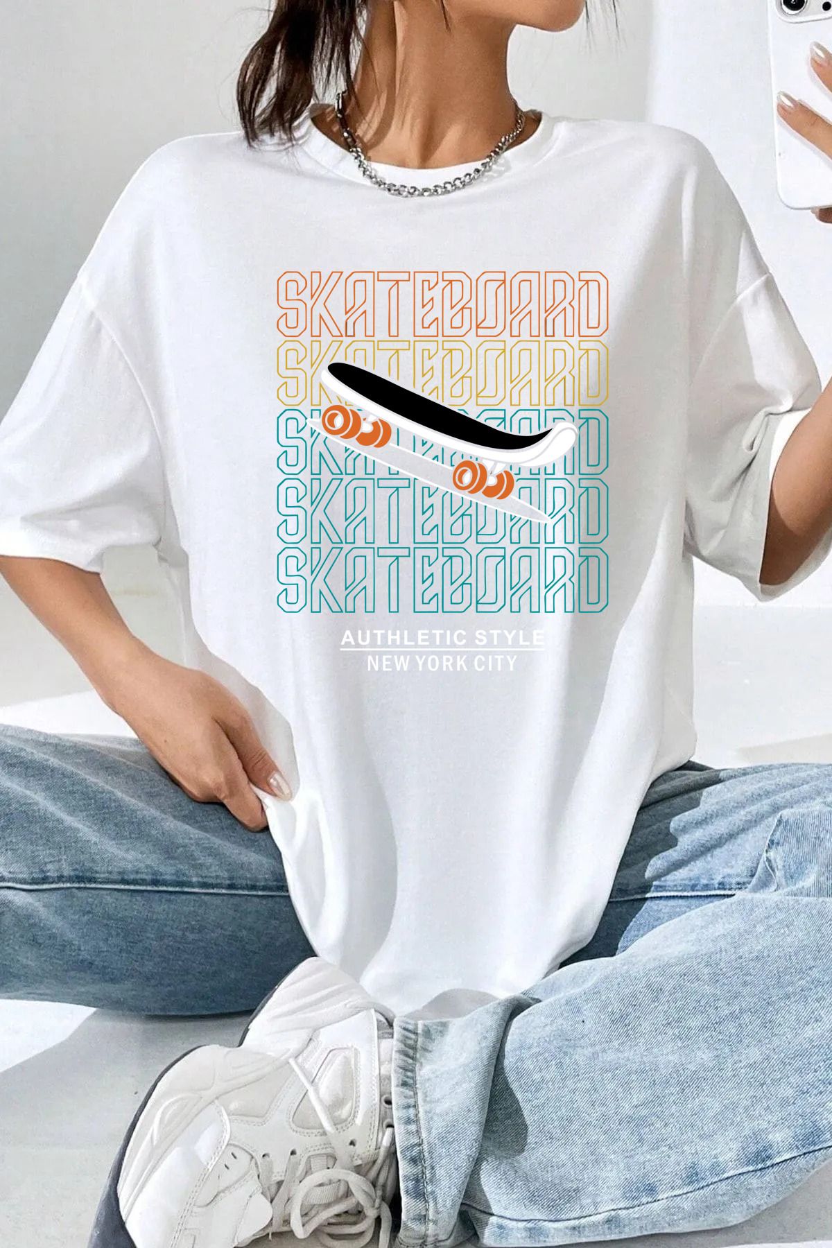 qavnas Unisex Skate Baskılı Rahat Kesim Beyaz T-Shirt