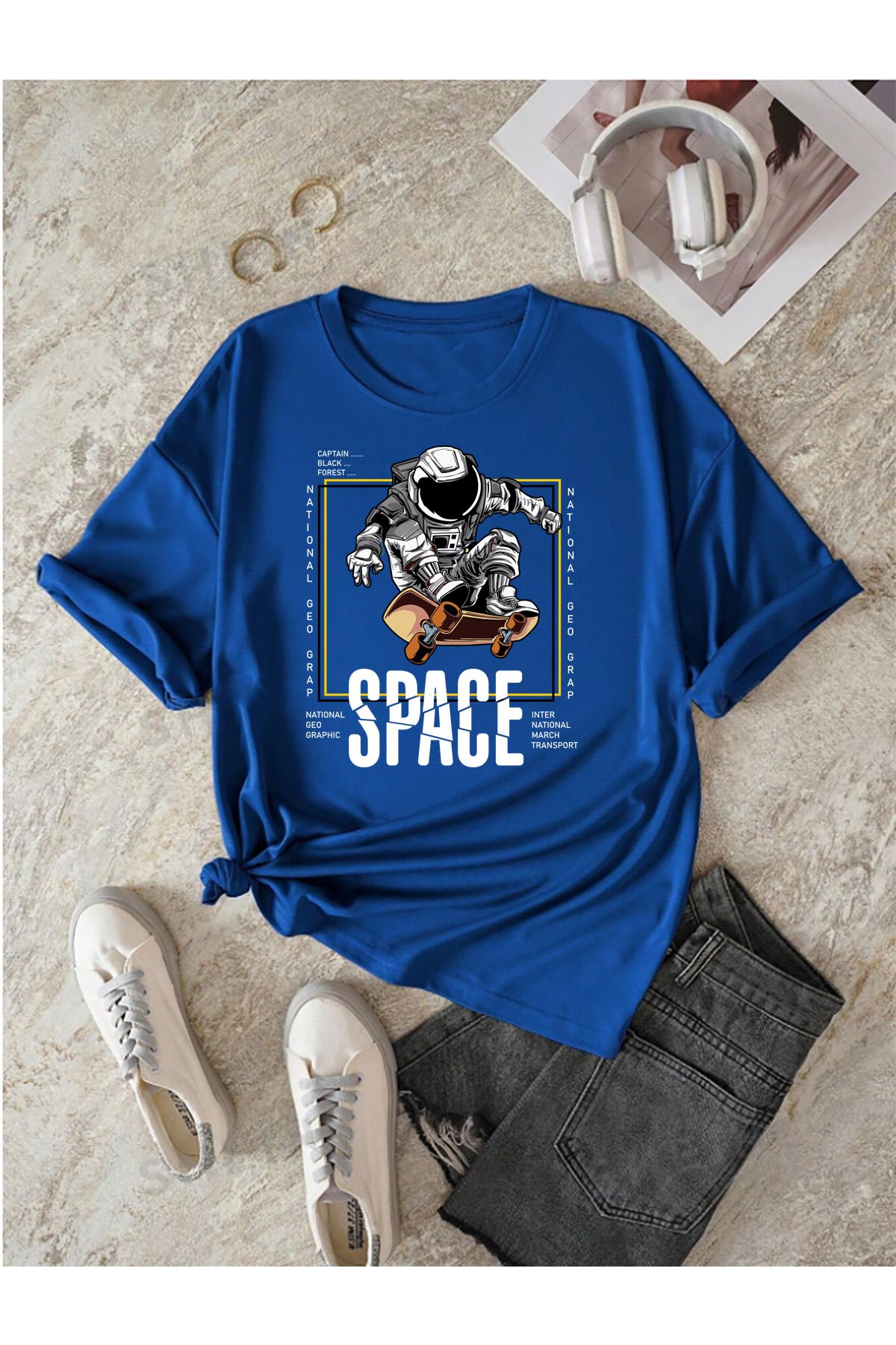 memowear Unisex Space Baskılı Rahat Kesim Sax-Mavi T-Shirt