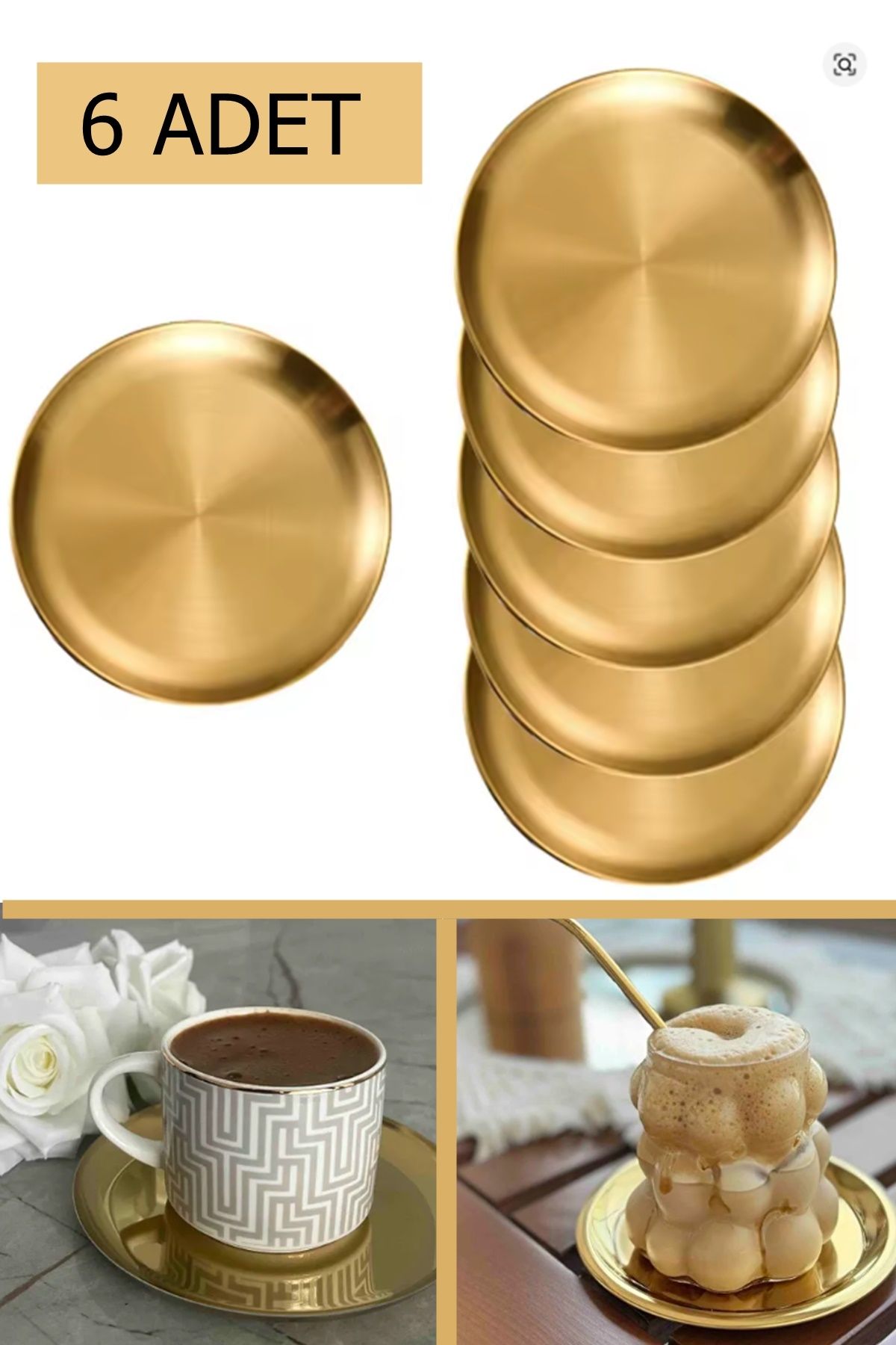 Kitchen Beauty ÇELİK GOLD RENK 6 ADET DÜZ MİNİ ÇEREZLİK PASTA TATLI TABAĞI 12 CM SUNUM TABAĞI