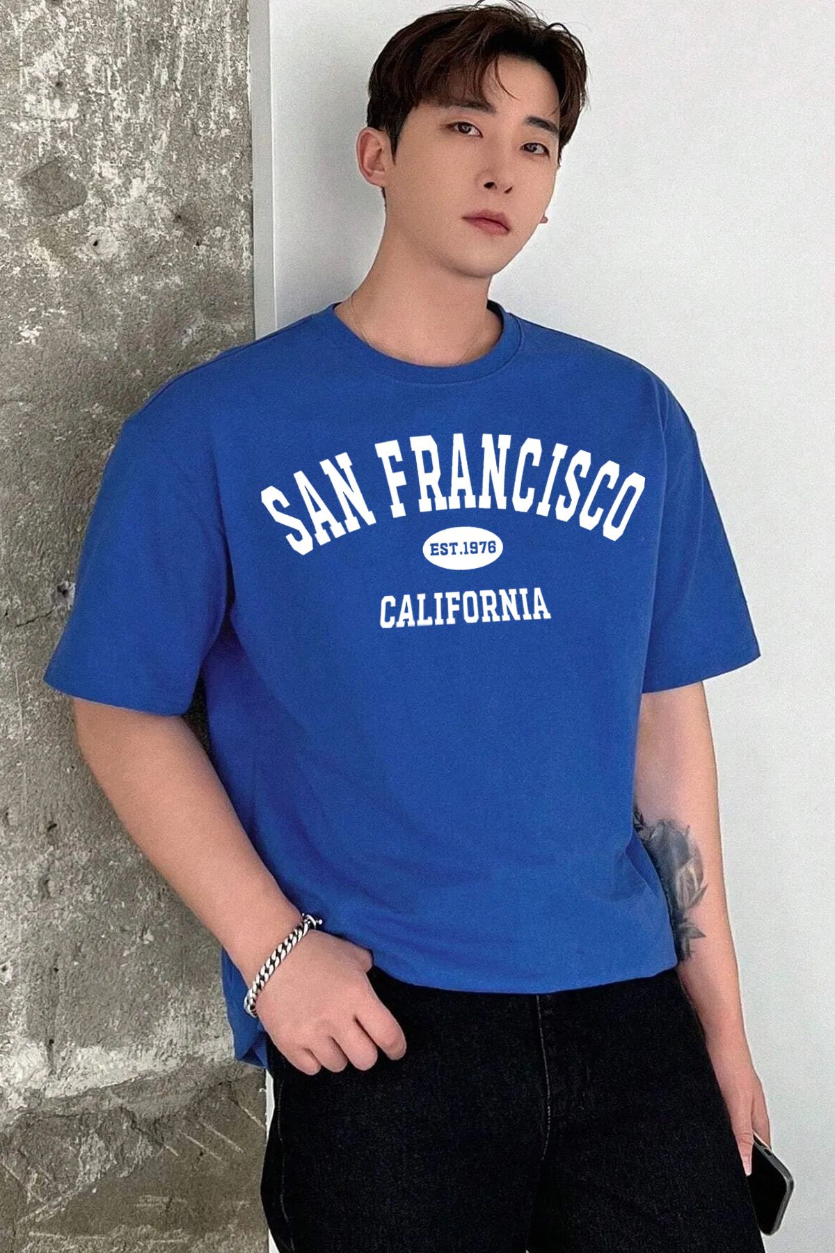 memowear Unisex San Fransisco Baskılı Rahat Kesim Sax-Mavi T-Shirt