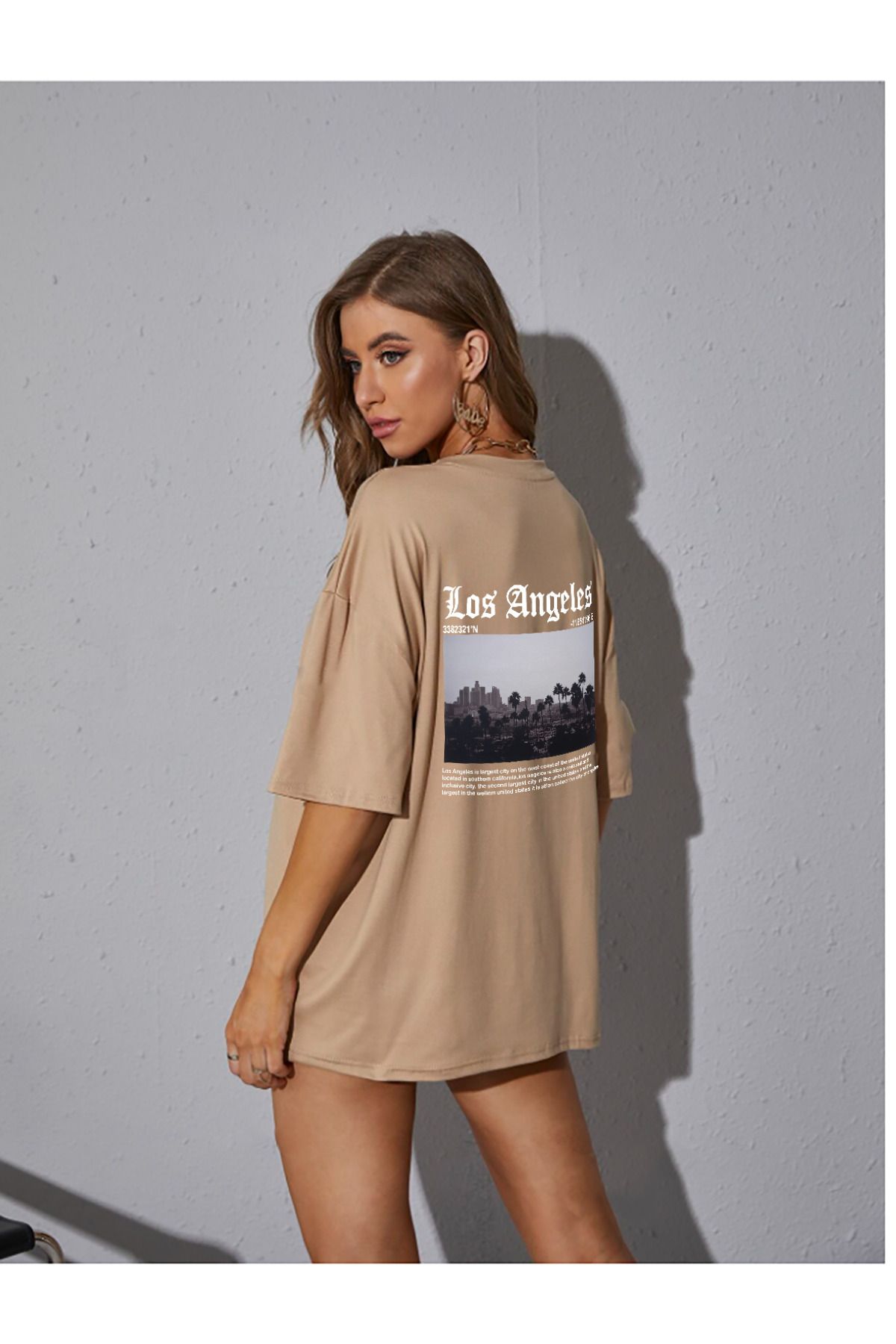 qavnas Unisex Los Angeles Baskılı Rahat Kesim Bej T-Shirt