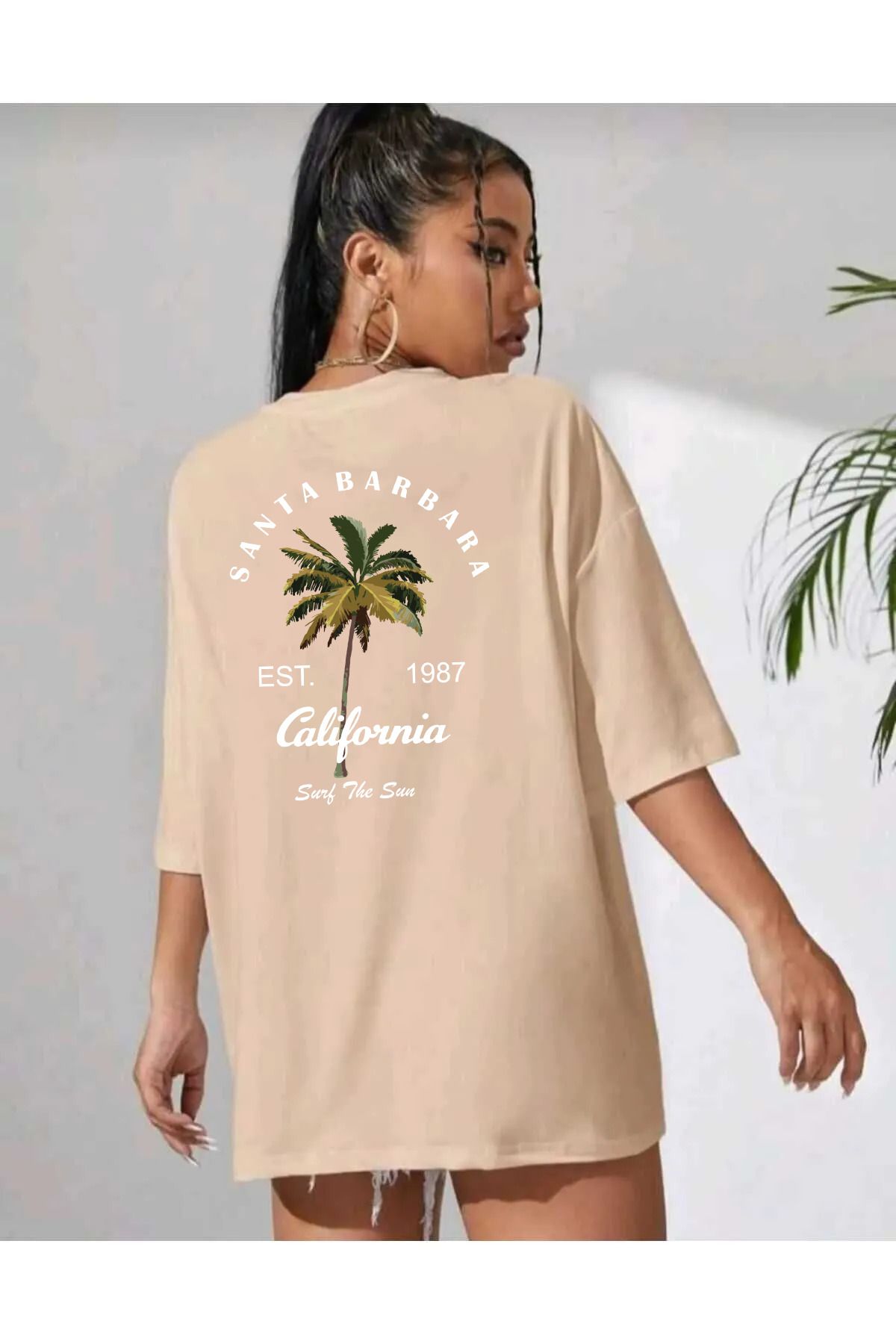 qavnas Unisex Santa Barbara Baskılı Rahat Kesim Bej T-Shirt