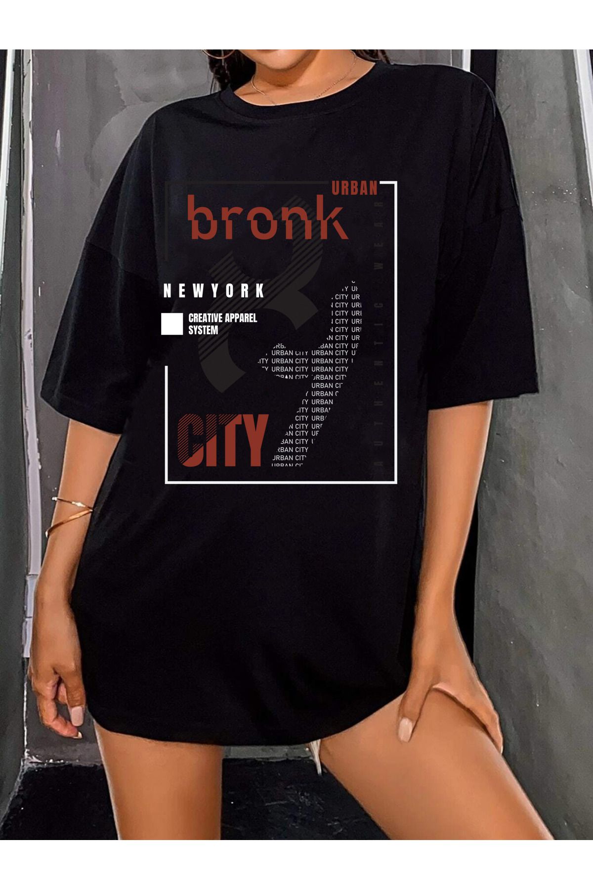 qavnas Unisex Bronk City Baskılı Rahat Kesim Siyah T-Shirt