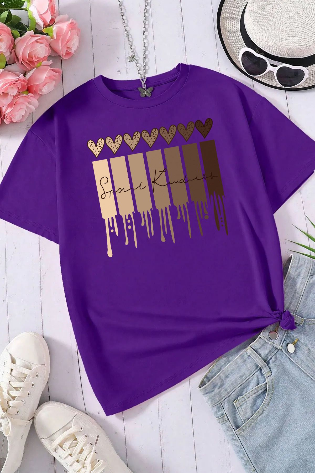 qavnas Unisex Leopar Desenli Kalp Baskılı Rahat Kesim Mor T-Shirt