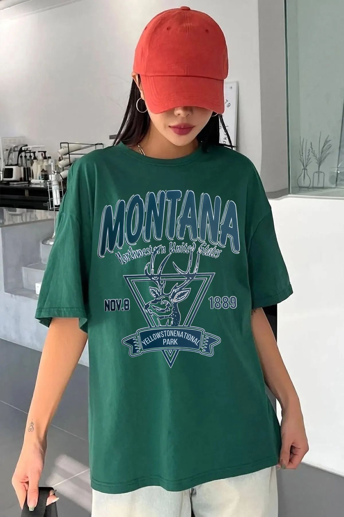 ciwi&life Unisex Montana Baskılı Rahat Kesim Yeşil T-Shirt