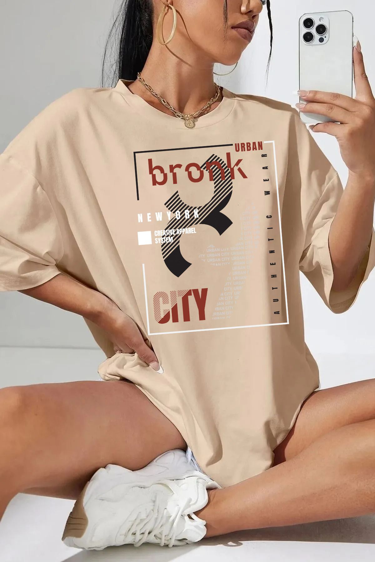 qavnas Unisex Bronk City Baskılı Rahat Kesim Bej T-Shirt