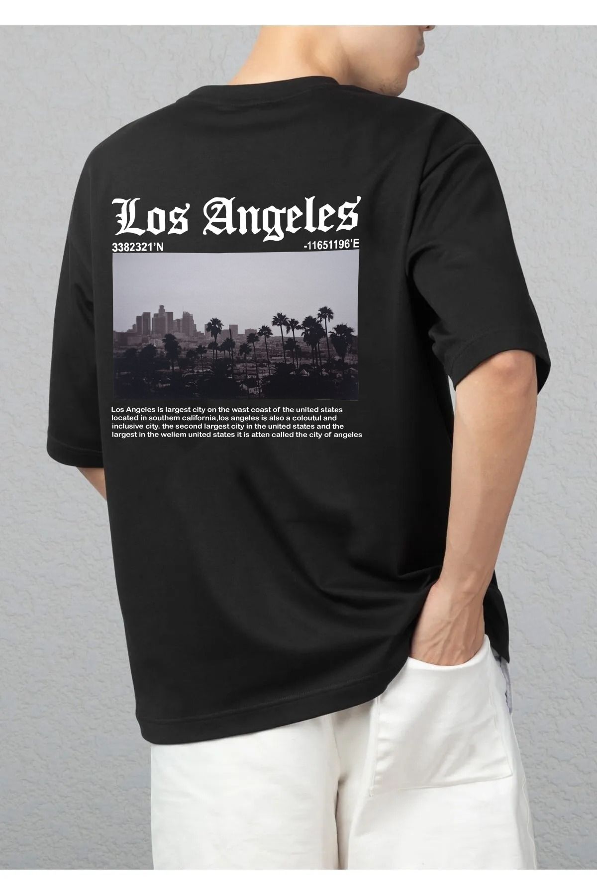 qavnas Unisex Los Angeles Baskılı Rahat Kesim Siyah T-Shirt