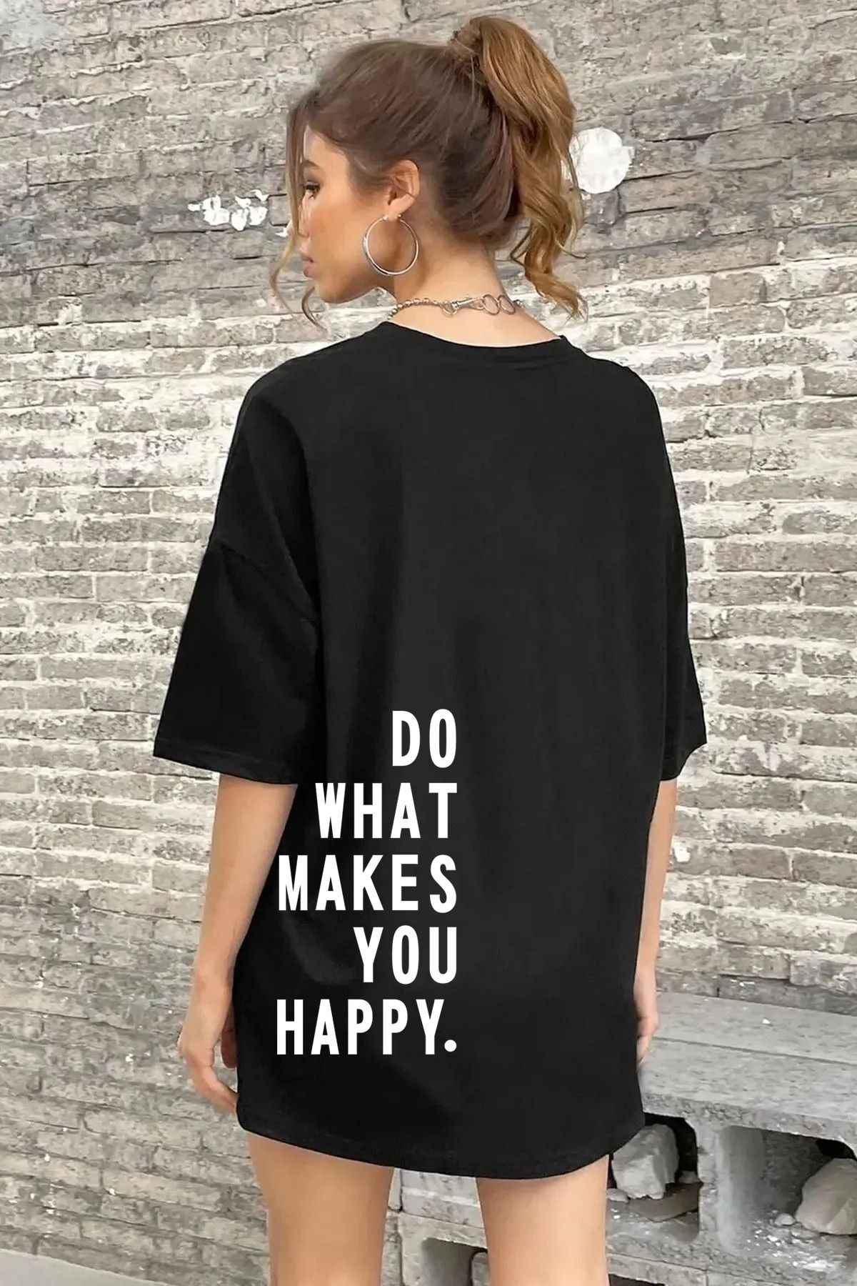 qavnas Unisex Do What Makes You Happy Baskılı Rahat Kesim Siyah T-Shirt