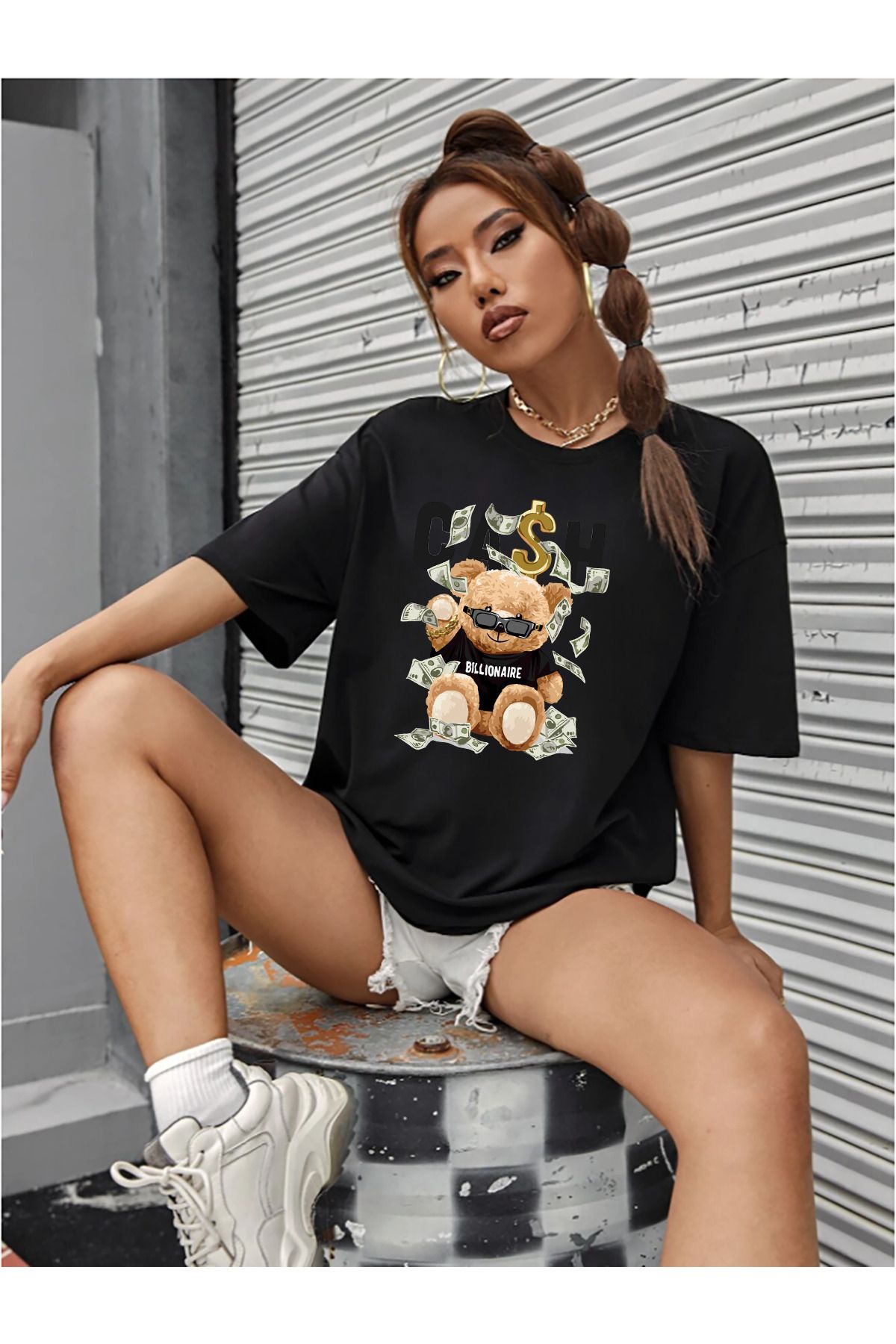 qavnas Unisex Cash Bear Baskılı Rahat Kesim Siyah T-Shirt