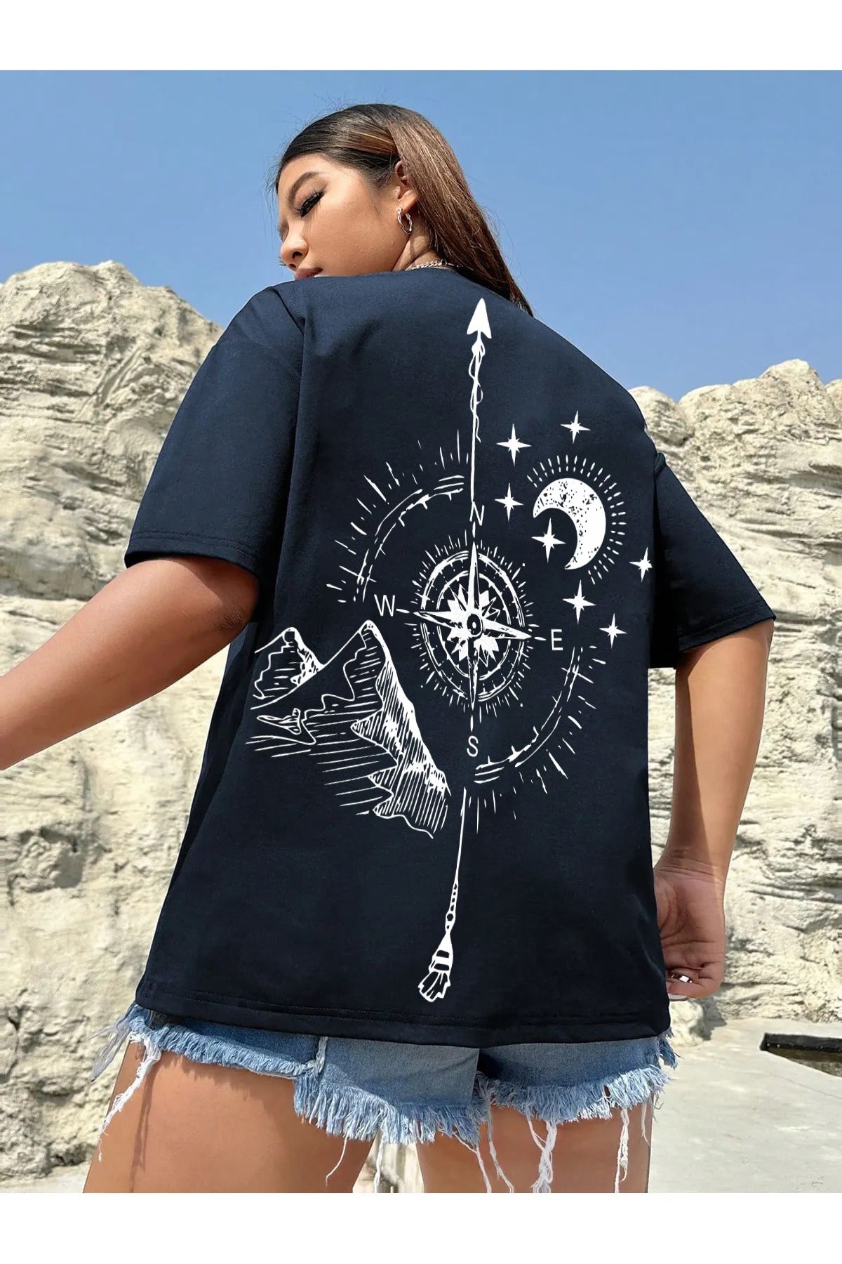 memowear Unisex Pusula detay Baskılı Rahat Kesim Lacivert T-Shirt