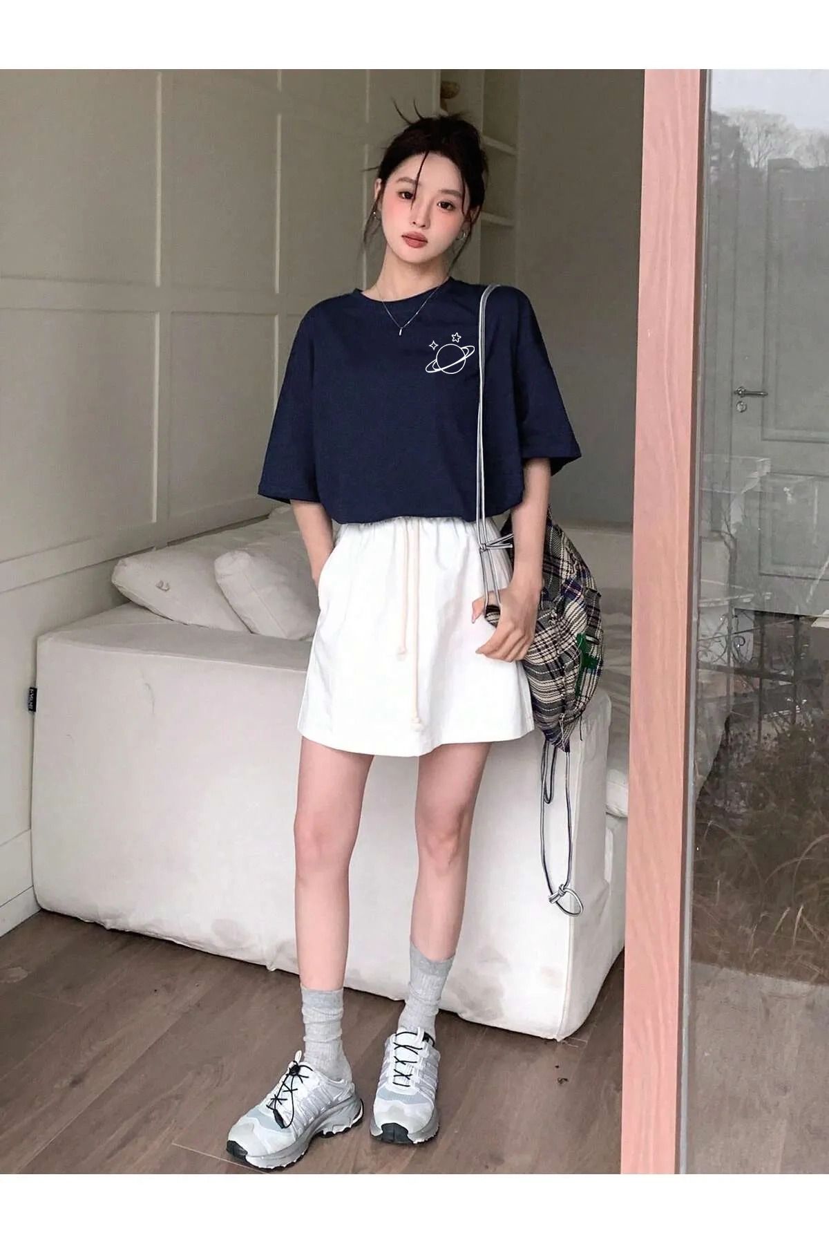 memowear Unisex Satürn Baskılı Rahat Kesim Lacivert T-Shirt