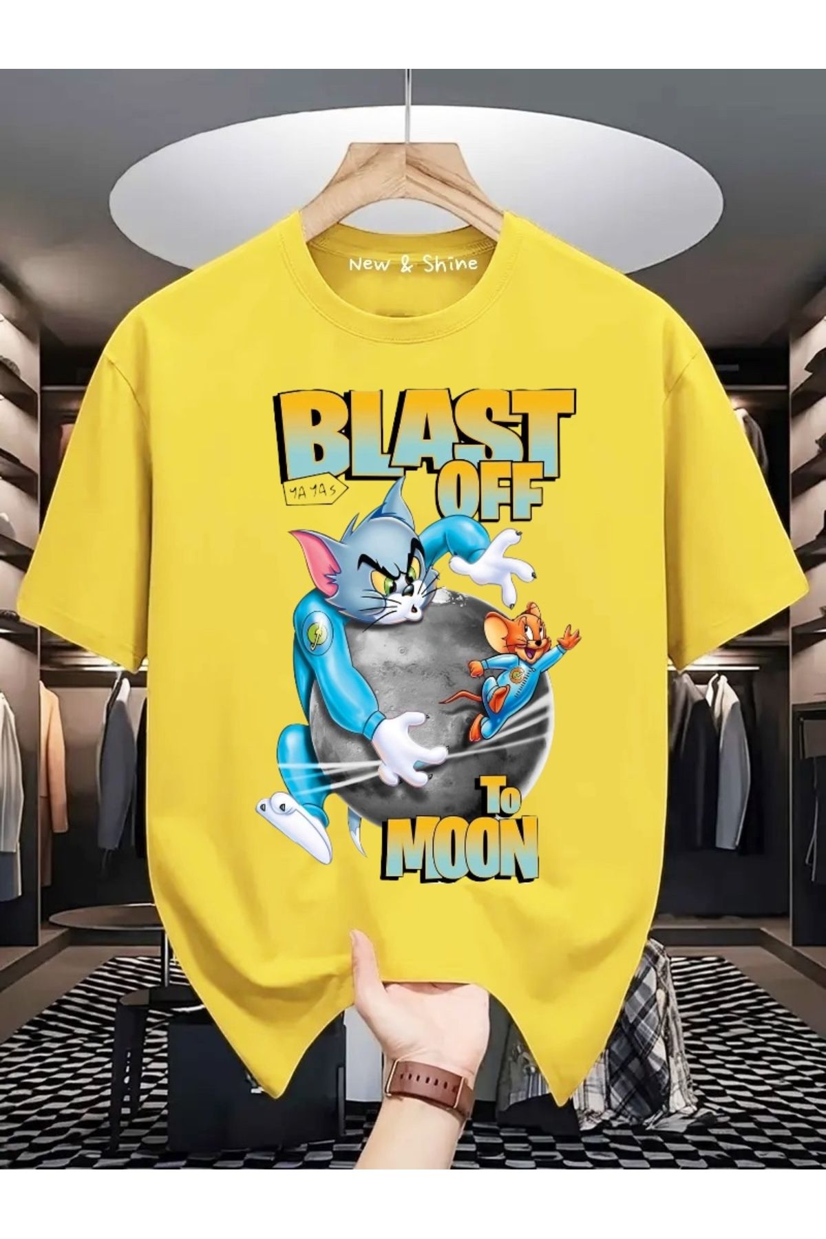 New Shine Blast Off To Moon Tom ve Jerry Baskılı Büyük Beden Oversize T-Shirt