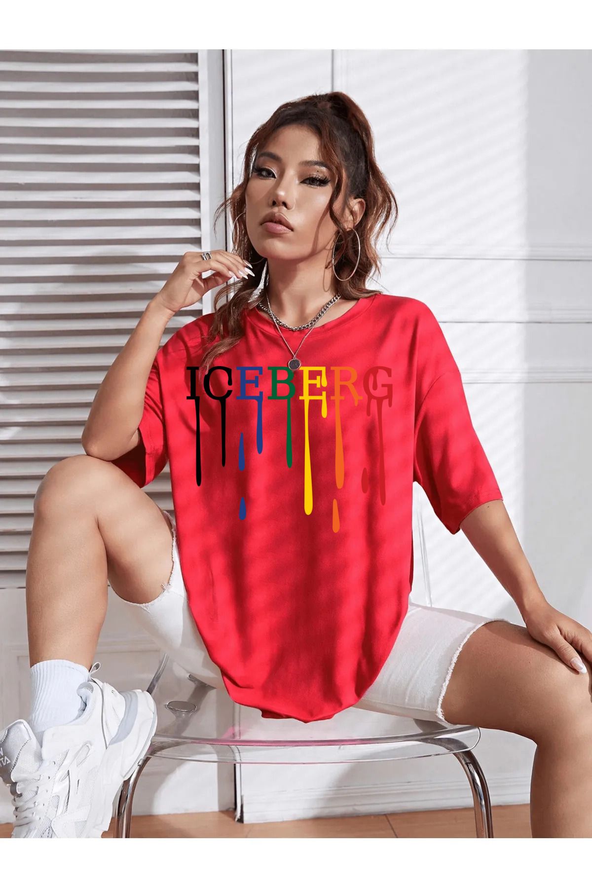 qavnas Unisex İceberg Baskılı Rahat Kesim Kırmızı T-Shirt