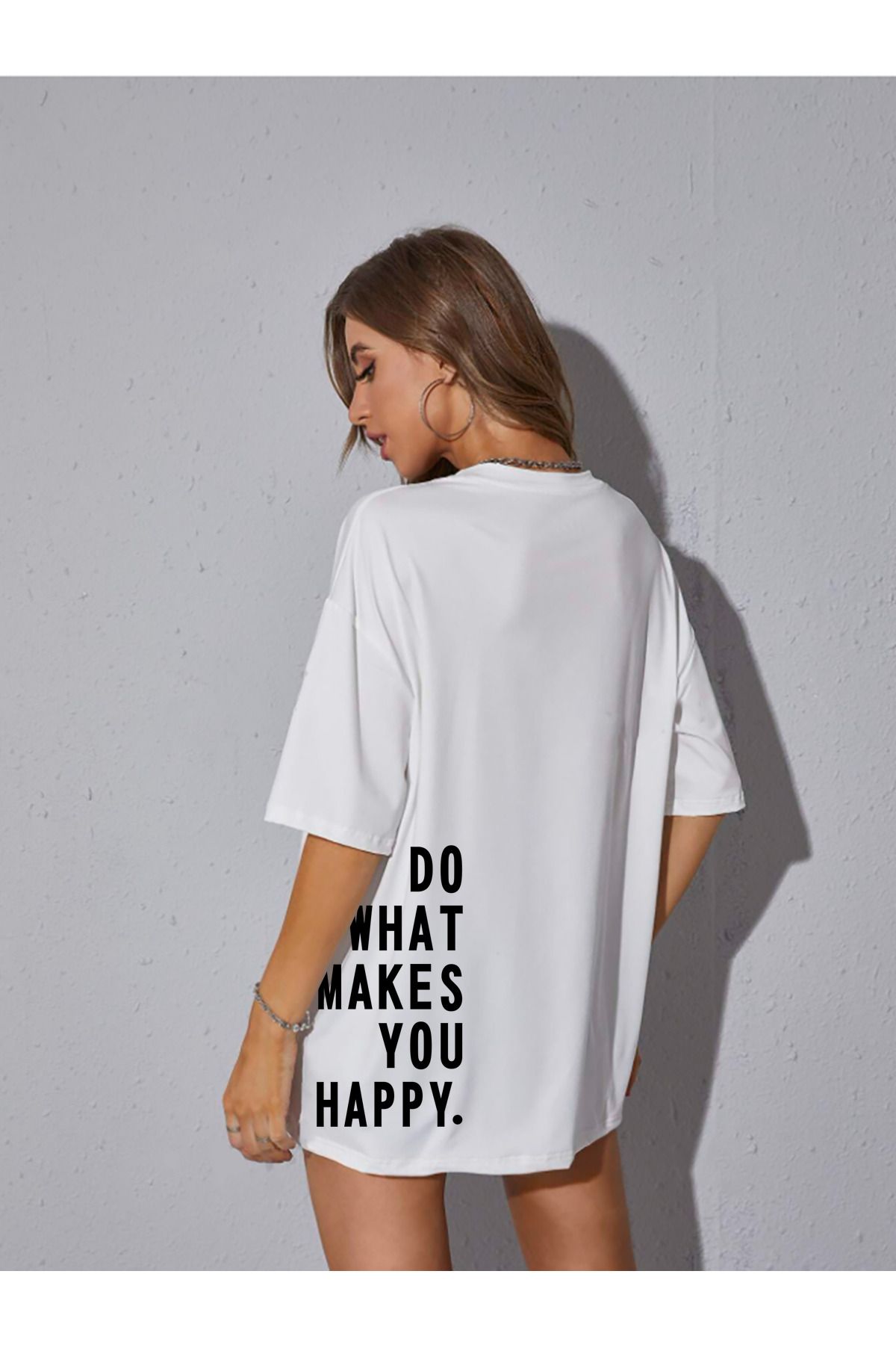memowear Unisex Do What Makes You Happy Baskılı Rahat Kesim Beyaz T-Shirt