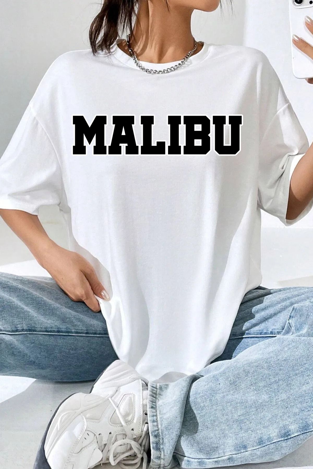 qavnas Unisex Malibu Baskılı Rahat Kesim Beyaz T-Shirt