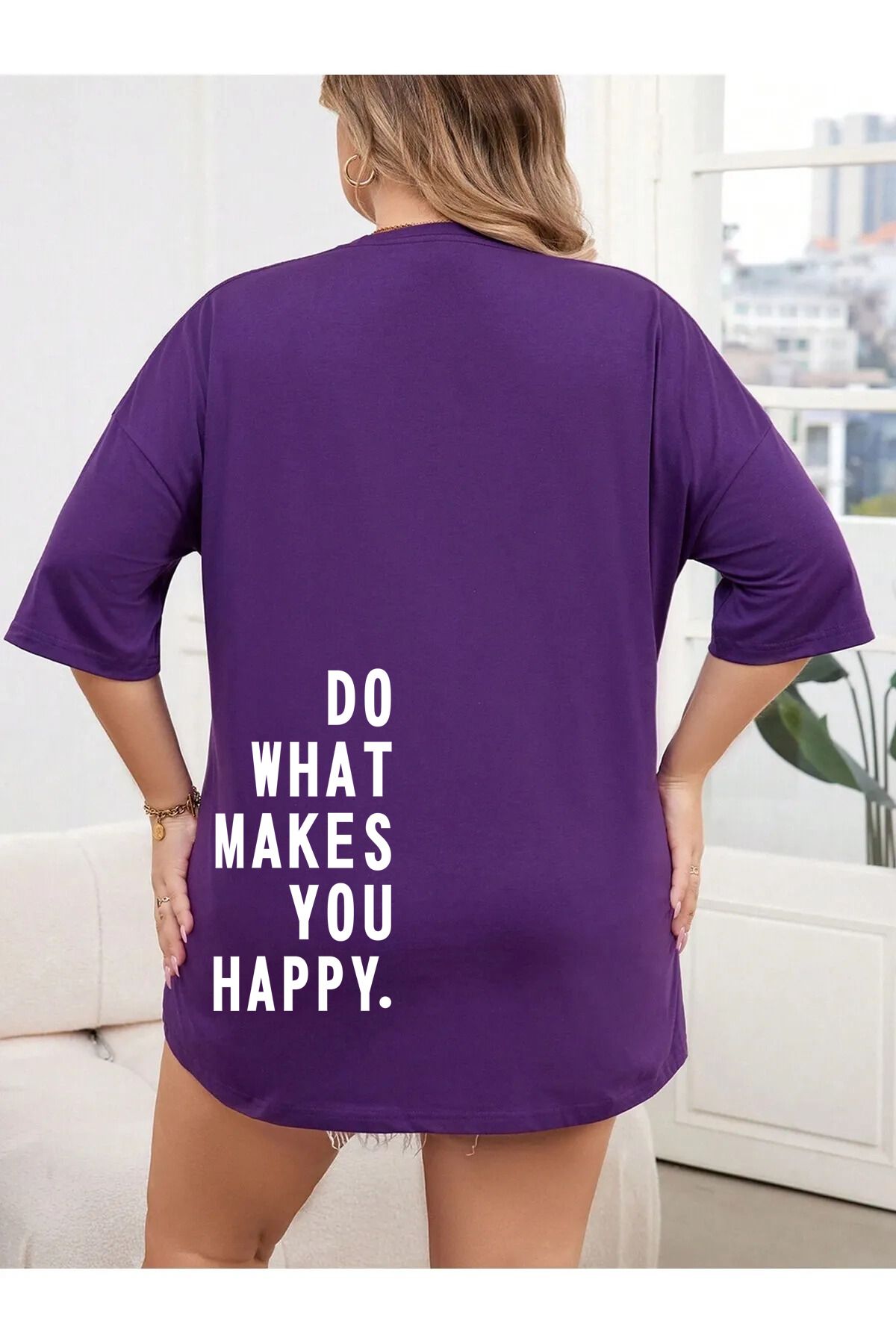 memowear Unisex Do What Makes You Happy Baskılı Rahat Kesim Mor T-Shirt