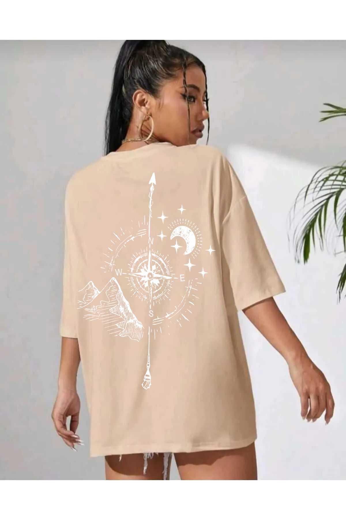 qavnas Unisex Pusula detay Baskılı Rahat Kesim Bej T-Shirt