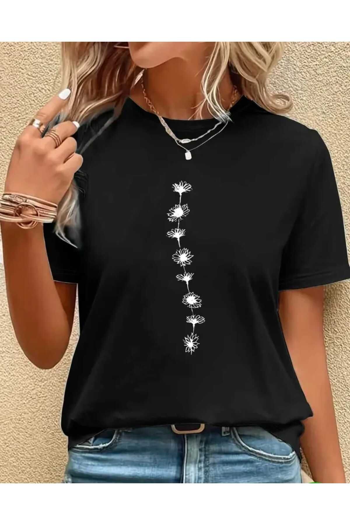 TekTarzz Unisex Çiçek Baskılı Tasarım Tshirt